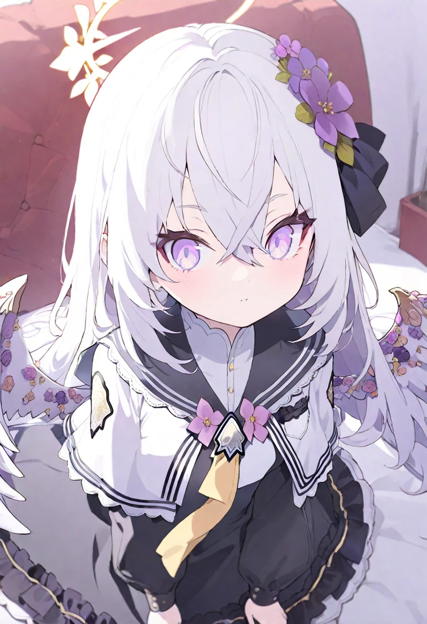 cute girl,azusa-default, azusa \(blue archive\),purple eyes,white hair,long hair,wings,hair flower,halo,white capelet,black sailor collar,black frilled dress,white footwear,AddXL