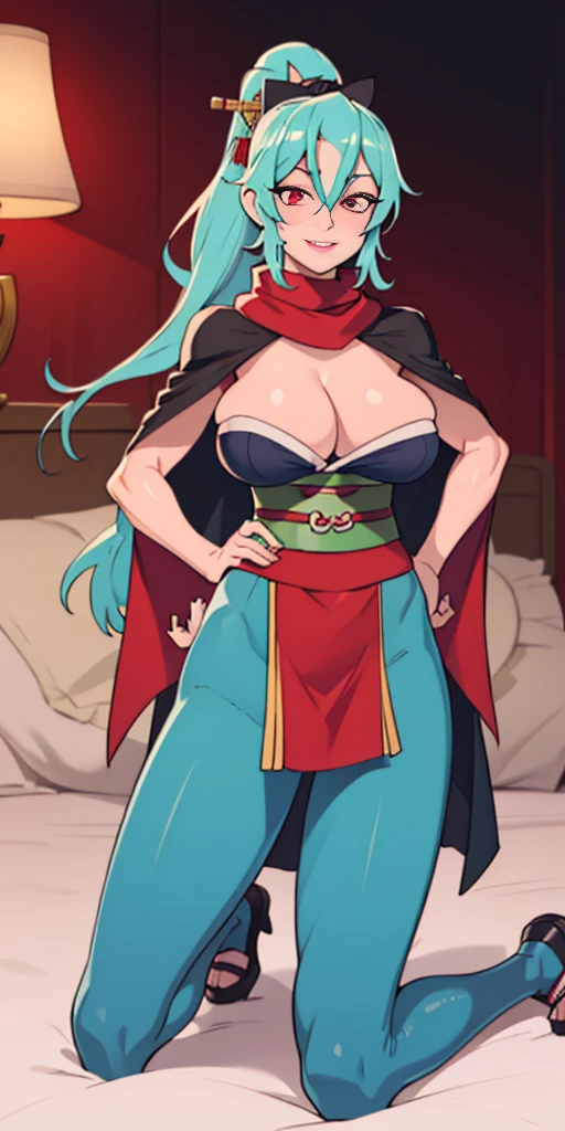 blush, smileglowing aura, natural light, masterpiece, glossy skin, juicy lips, sexy, hot, cleavage, evil,juicy lips, bimbo, ((Tomoe)), hour glass body figure, hands on hips, blue hair, wide eyes, red eyes, red scarf, massive, ponytail, dark lighting, long hair, pink bow, platform shoes, bow in hair, light blue hair, juicy lips, blue tights, blackcape, (((Happy))), 2 long legs kneeling on bed