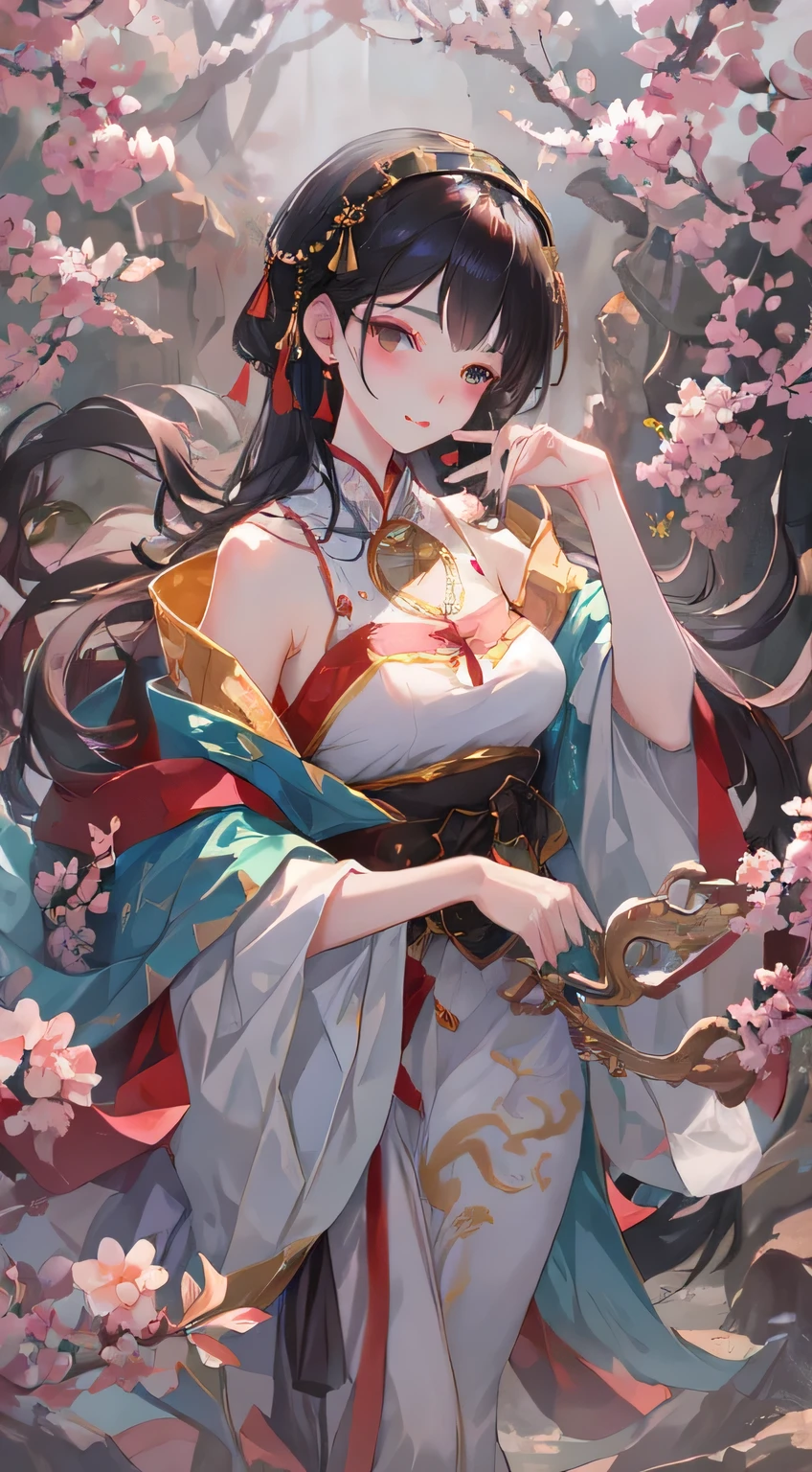beautiful chinese girl, Aloof character, Rose red dress, huge plum blossom, standing under the tree, Sunlight, Clear face, masterpiece, super detailed, epic work, high quality, best quality, 16K