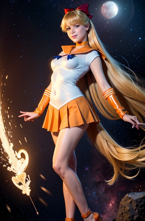 masterpiece,  beautiful super model ,perfect lighting , b1mb0, TH3P1T, (full body,wide shot),Are standing,space background, grin,  SV1, sailor warrior uniform, Orange Skirt, elbow bag, tiara, Orange sailor collar, red bow, orange choker, white gloves, jewelry,blue bow