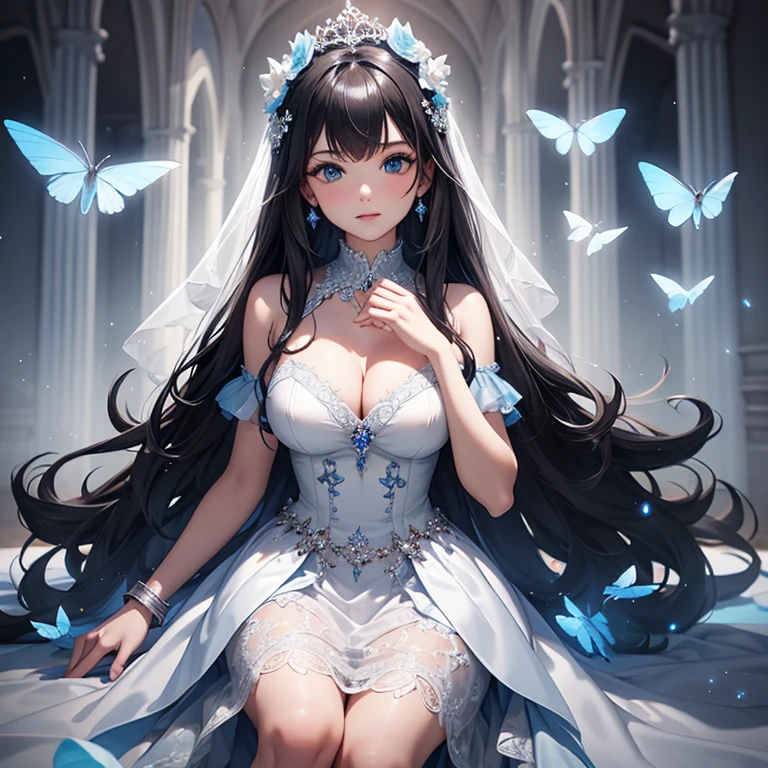 New Purple Crystal Wedding Dresses、Filled with layered tulle, European style white patterned marble background wall, Fairytale palace style, and oversized skirts. The neckline and cuffs are decorated with openwork lace elements and jewelry, And the skirt is covered with luxurious flowers and butterflies. imagination, 超realistic, hard disk, Super detailed, realistic, high pixel, Octane Regeneration, cinematic lighting
