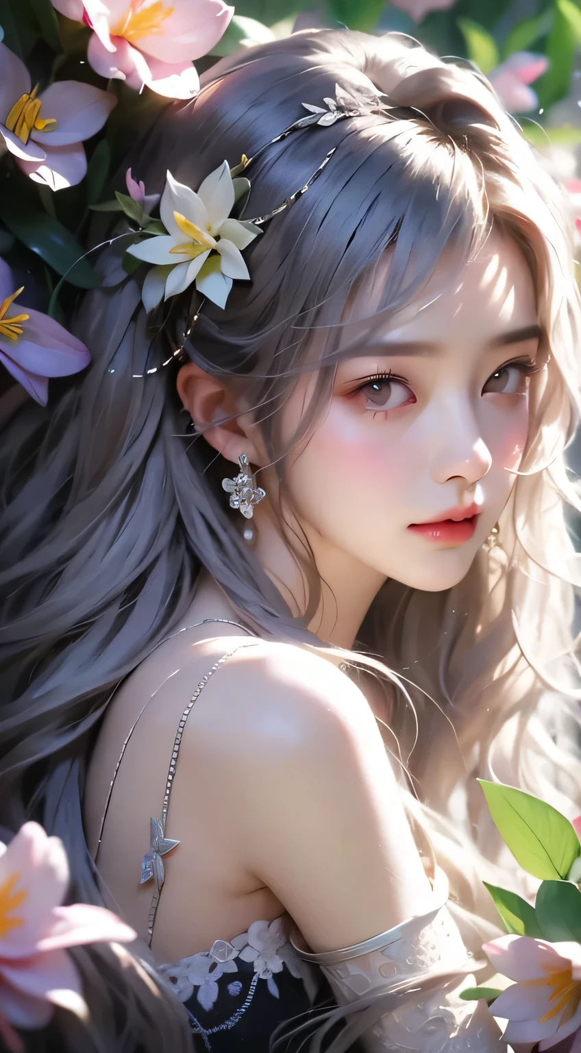 perspective、Ren Hao、Off the shoulders、One hand resting on his lips、There are white butterfly orchids around the hair,Lilac dendrobium、orange lily、White Lily、1 girl in、full-body shot、white hair、flowing hair、hazy beauty、Has extremely beautiful facial features、Black leather bustier dress、hairpins on head、lying among flowers、Dragging his chin with both hands、perfect hands、rosette、(spring、rain、Butterfly、cliff)、Simple vector art、Chinese contemporary art、soft light、intertwined scarves、look down