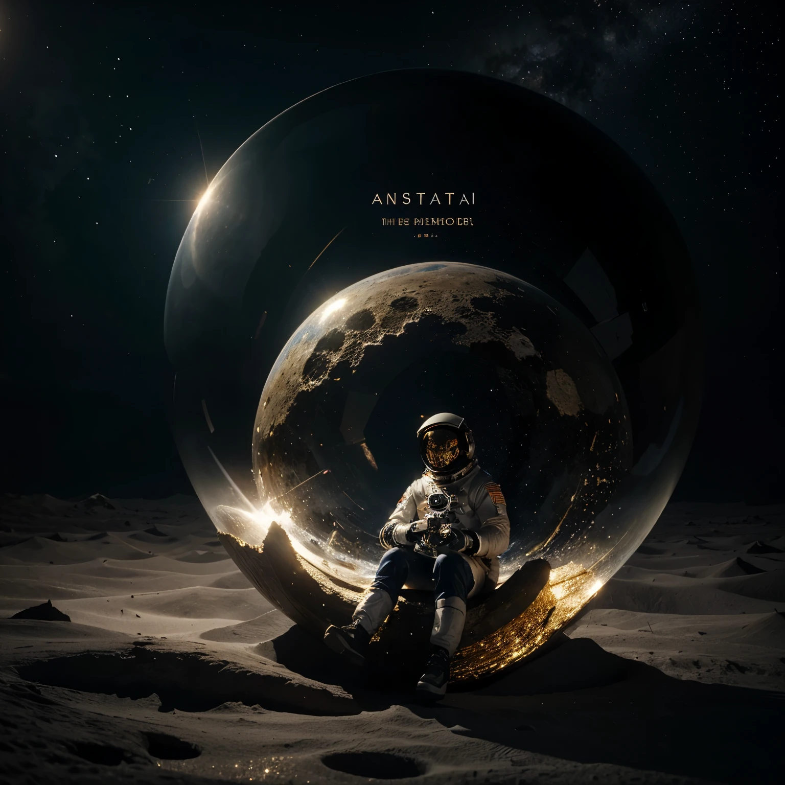 Astronauts are eating watermelon.Muchas estrellas alrededor,destellos de luces .El planeta Saturno ,la luna las estrellas alrededor mucho glitters alterededor. A captivating 3D illustration featuring the whimsical and charming Vector Astronaut, seated atop a esfera de cristal redondo adorned with the name "TOÑO" in elegant gold lettering. The astronaut, a masterful blend of dark fantasy and 3D rendering, exudes a cozy atmosphere while surrounded by twinkling lights and a magical world. The illustration artfully captures the essence of joy and enchantment, making it an ideal gift for any ASTRONAUT enthusiast and showcasing the artist's exceptional skill in typography and 3D rendering., dark fantasy, illustration, 3d render, typography