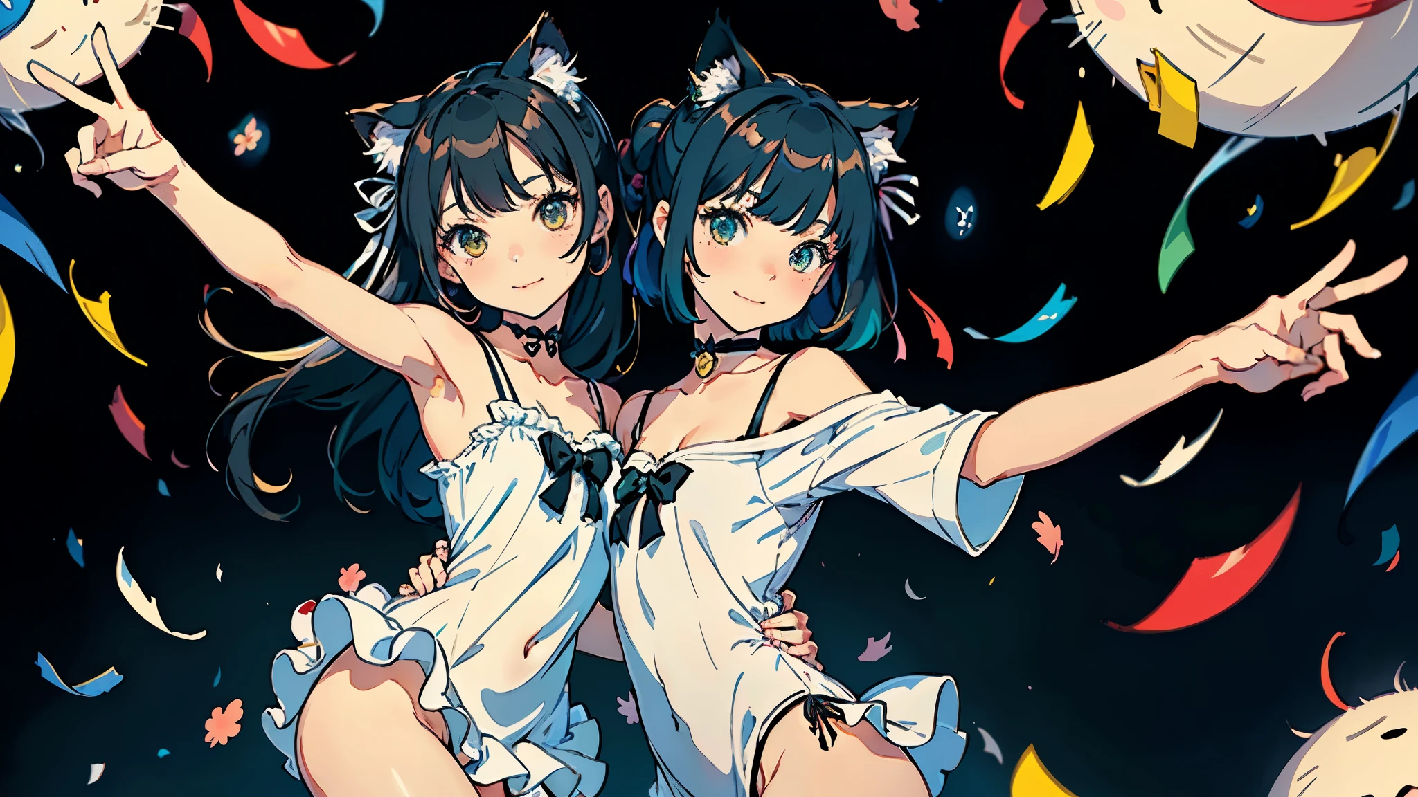 (highest quality, masterpiece, High resolution)、(anime art)、cinematic light、soft light、(two girls)、black hair、Black cat costume、White Cat Costume、Tabby cat costume、Striped cat costume、Persian Cat Costume、3-color cat costume、(loose t-shirt)、loose shirt、off shoulder、sexy mini dress、(Cat ear)、bob cut、semi-long、bun hair、hair ornaments、choker、Cute face details、enchanting smile、small breasts、whole body、(cat pose)、((sexy gesture))、beckoning、playing、dance、Cat jarashi、((confetti、ribbon、petal、candy、is dancing in the air、Crackers popping、))、((white background))、