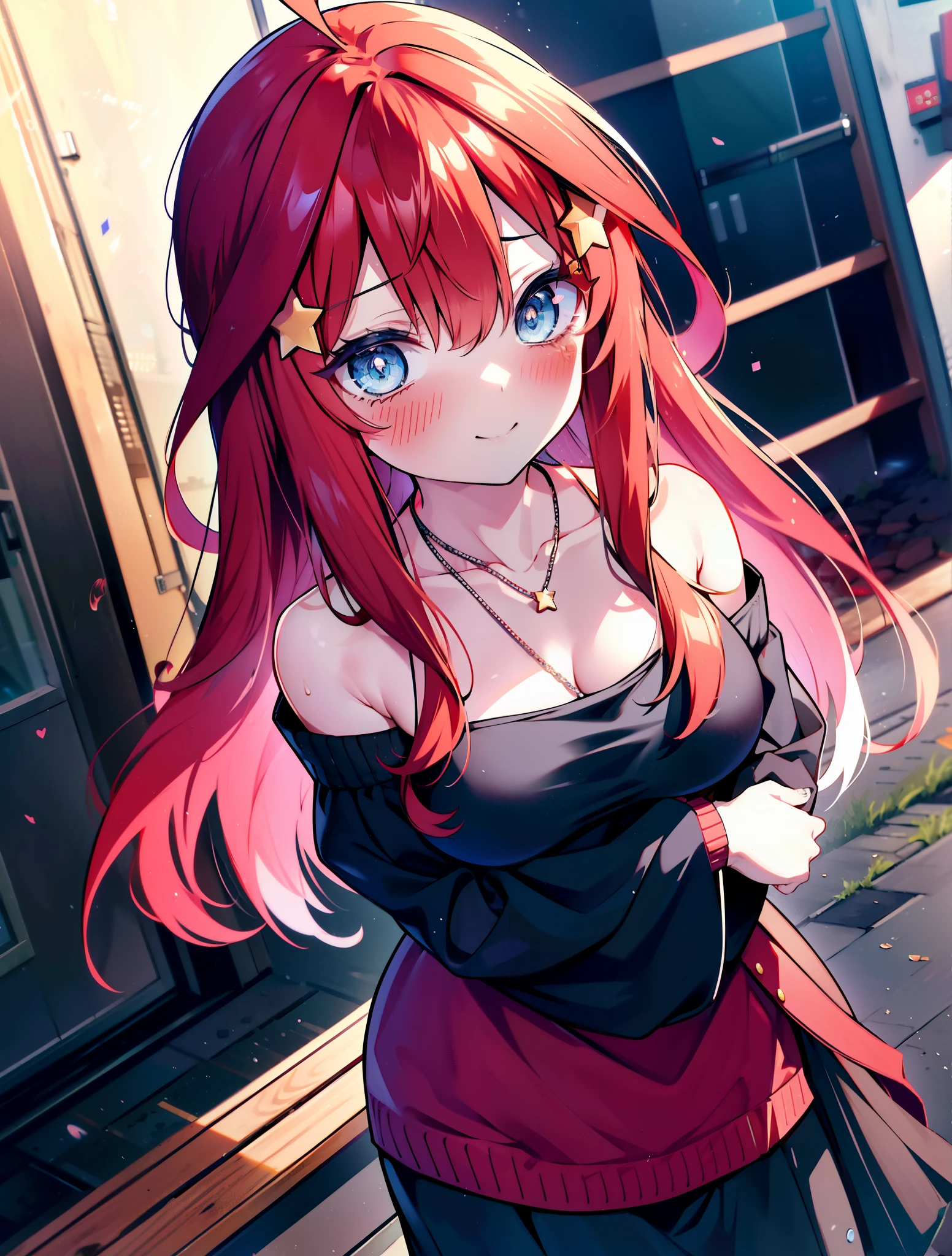 itsukinakano, itsuki nakano, bangs, blue eyes, hair between eyes, Ahoge, redhead, star \(symbol\happy smile, smile, Mouth wide open,embarrassing,blush, hair ornaments, star hair ornaments,Akagi glasses,red off shoulder sweater,bare shoulders,bare clavicle,naked neck,Heart Pendant Necklace,Black long skirt,Mini Boots,put your left hand on your waist,slouch,whole bodyがイラストに入るように,There are many shops,noon,Light of the sun,clear,Looking up from below,
break outdoors, station,square,
break looking at viewer,whole body (cowboy shot:1.5),
break (masterpiece:1.2), highest quality, High resolution, unity 8k wallpaper, (shape:0.8), (fine and beautiful eyes:1.6), highly detailed face, perfect lighting, Very detailed CG, (perfect hands, perfect anatomy),