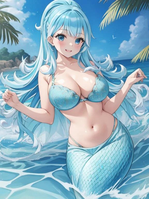 mermaid, (masterpiece, best quality),  intricate details, 
1girl,   Kobo, Multicolored hair, Aqua eyes,  light blue hair, white hair tips, 
large breasts, smiling, opened mouth, bra, long mermaid tail below waistline, fins ears, blue fish scales on skin, water,