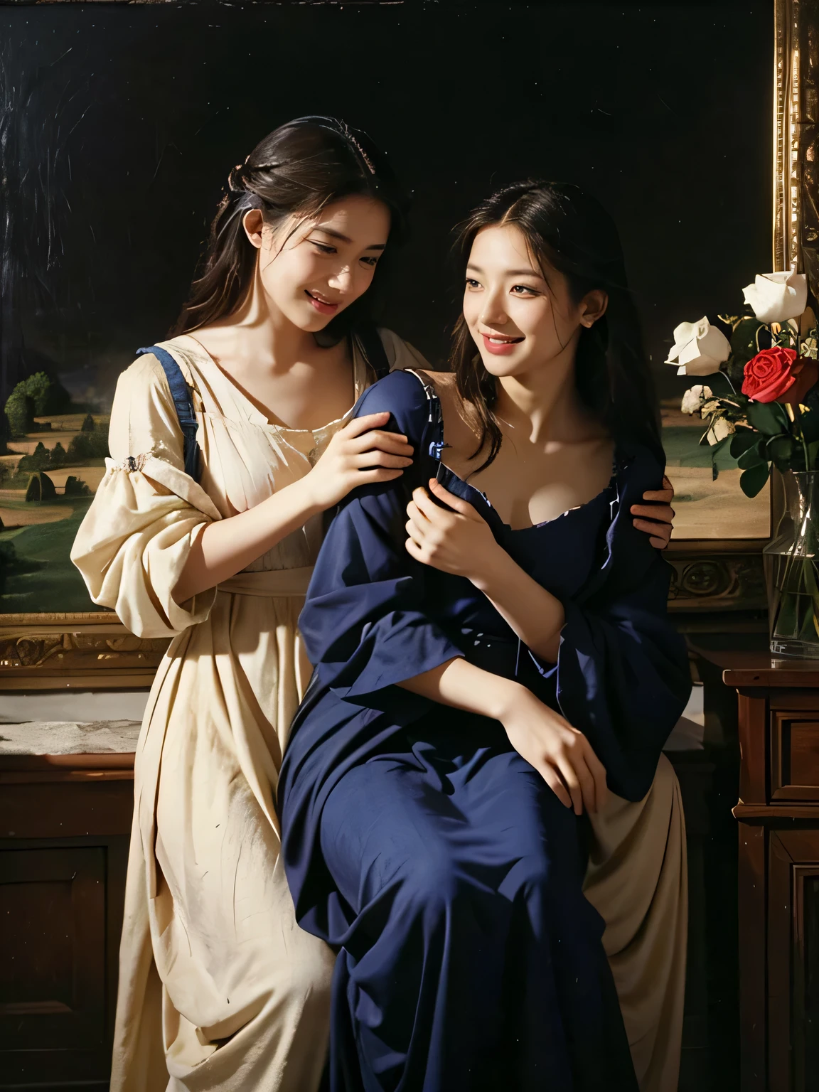 full body portrait or statue、Giorgione painting style,Arguments of two female Philosophe,math、astronomical machine、astronaut、roses in vase、fruits、Cute trinkets、smile、ancient greek costume、Ancient Roman landscape in the style of Nicolas Poussin,laughter,,Sweet and seductive appearance.、Caravaggio's paintings、Chiaroscuro of Caravaggio、hair tousled by the wind,Two women frolicking,cute smile, expression of ecstasy,Sexy,erotic