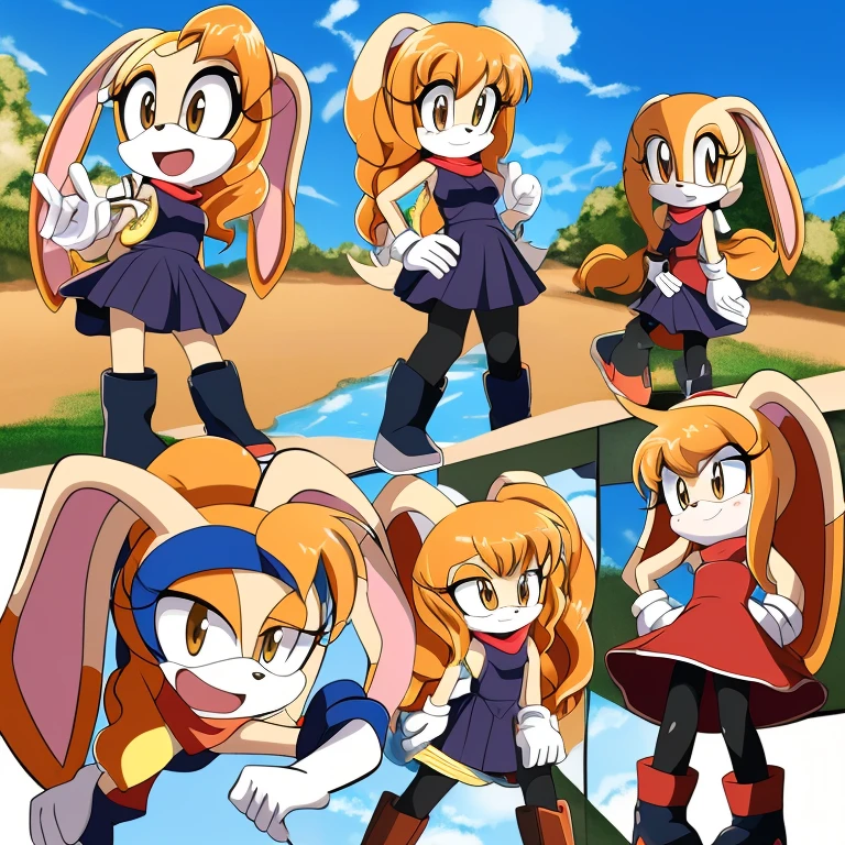 Female, Mobian, Rabbit, Cream the Rabbit, sonic the hedgehog \(series\), rabbit girl, ((solo)), ((1girl)), ((hairstyles, long wavy hair with curtain side bangs, similar to Maria)), brown eyes, (eyes open), serious, young adult, average sized breasts, hair on top of shoulders, long peach hair color that’s is wavy, wearing a blue anime styled scarf, wearing a red one piece, knee length tights, black boots, white gloves, (((2D Anime Style))), many poses in a fighting pose, side view