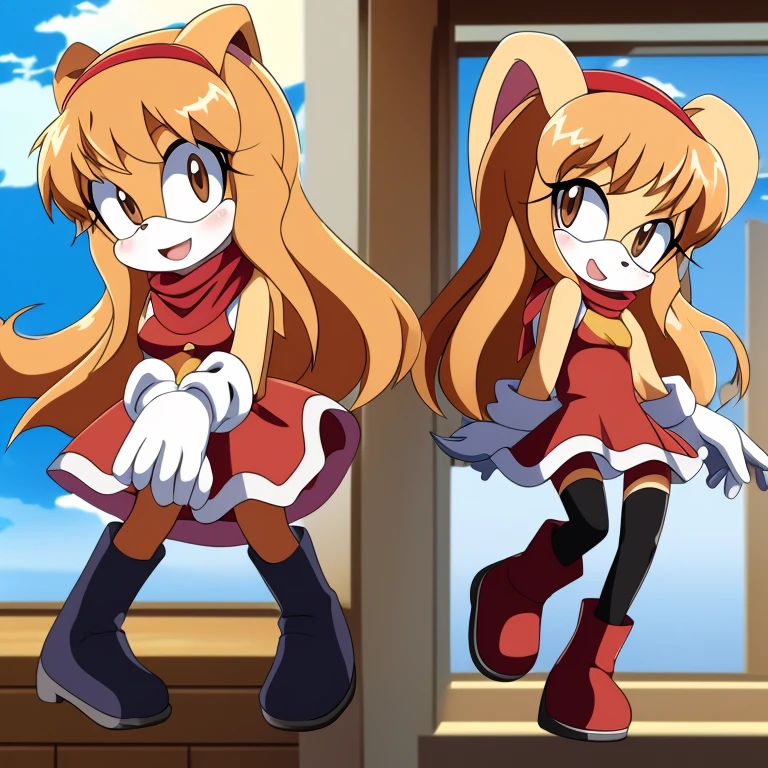 Female, Mobian, Rabbit, Cream the Rabbit, sonic the hedgehog \(series\), rabbit girl, ((solo)), ((1girl)), ((hairstyles, long wavy hair with curtain side bangs, similar to Maria)), brown eyes, (eyes open), happy, young adult, average sized breasts, hair on top of shoulders, long peach hair color that’s is wavy, wearing a blue anime styled scarf, wearing a red one piece, knee length tights, black boots, white gloves, (((2D Anime Style))), many poses in a fighting pose, side view