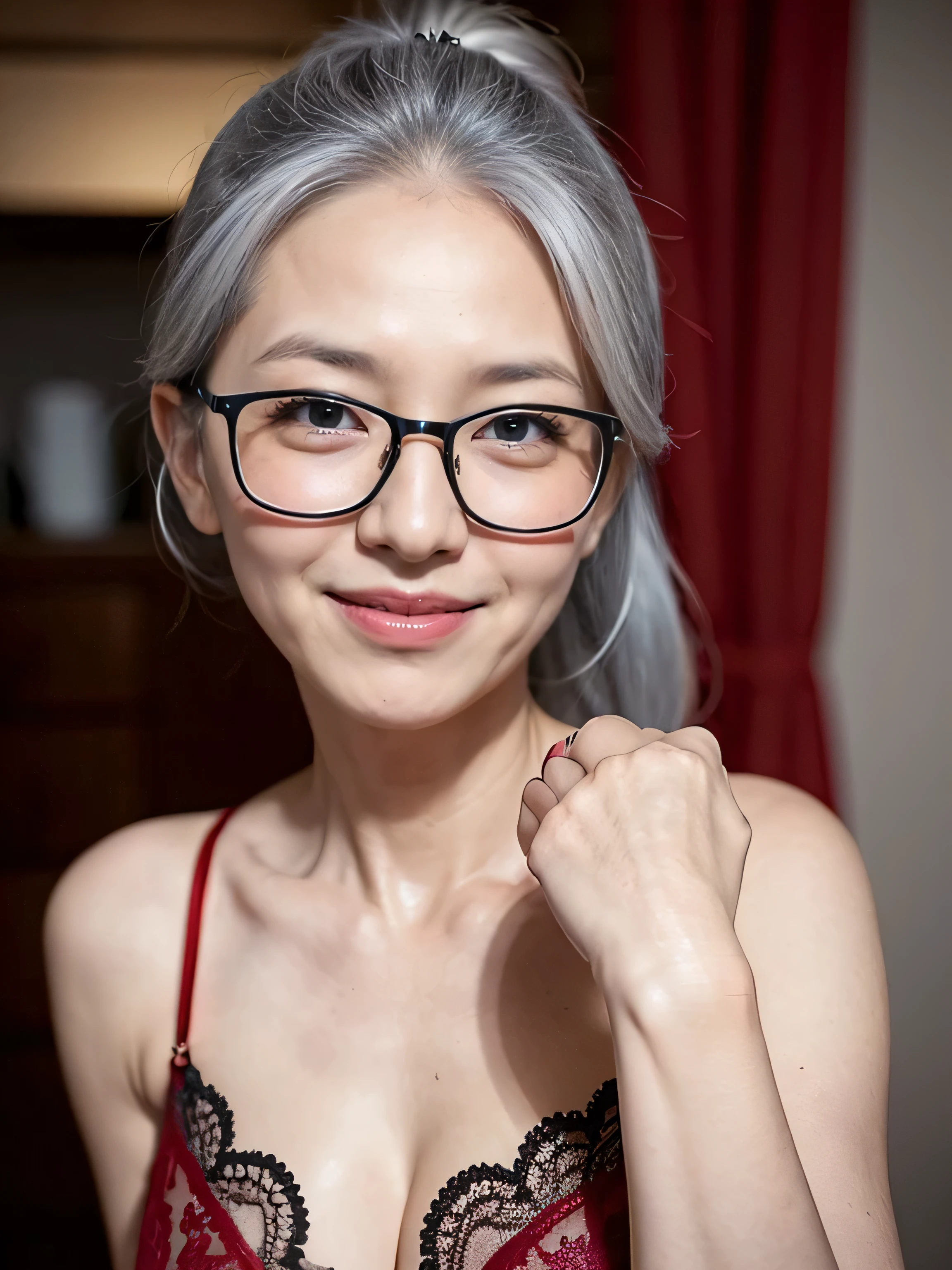 (65 years old:1.3),gray hair,(there are many wrinkles on her face:1.23),old woman,red erotic lingerie,smile,sexy posing,beautiful hip, ponytail hair, Wearing glasses