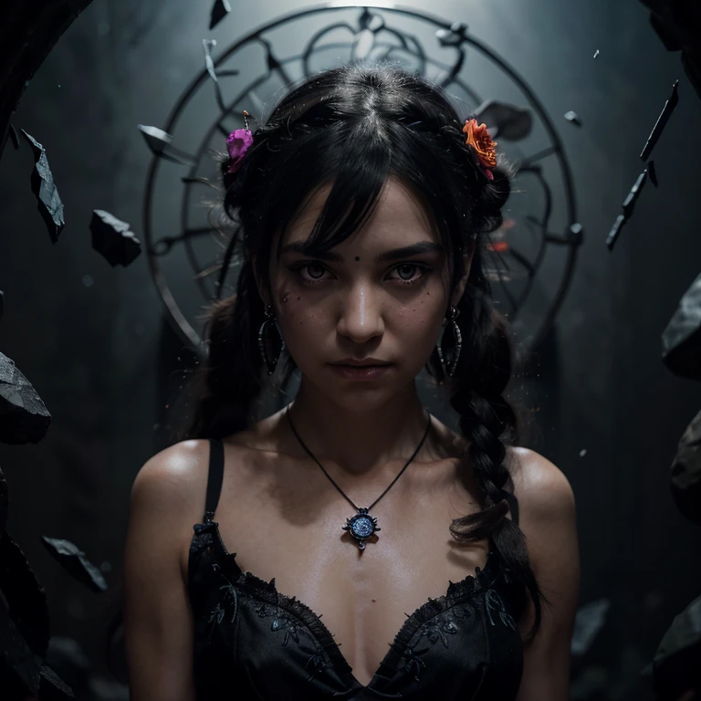 (detailed background,dark fantasy),(beautiful detailed face),high contrast,(best illumination,an extremely delicate and beautiful),((cinematic light)),colorful,hyper detail,dramatic light,intricate details,(1girl,solo,black hair,sharp face,low twintails,red eyes,hair between eyes,dynamic angle),blood splatter,swirling black light around the character,depth of field,black light particles,(broken glass),magic circle 1girl, bangs, dragon necklace, black background, black hair, watch, closed mouth, collarbone, dress, earrings, expressionless, floral print, flower, hair flower, hair decoration, tiara of blue thorns,