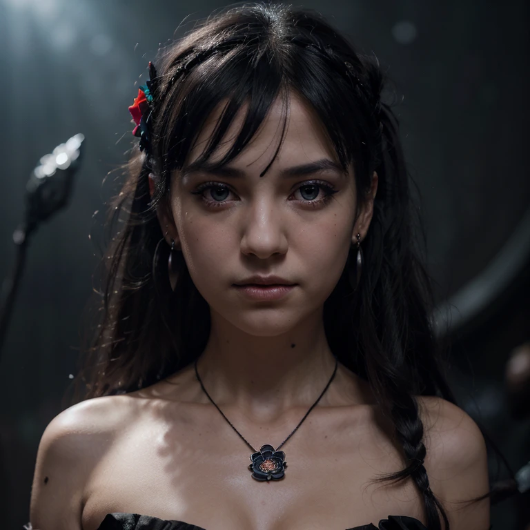 (detailed background,dark fantasy),(beautiful detailed face),high contrast,(best illumination,an extremely delicate and beautiful),((cinematic light)),colorful,hyper detail,dramatic light,intricate details,(1girl,solo,black hair,sharp face,low twintails,red eyes,hair between eyes,dynamic angle),blood splatter,swirling black light around the character,depth of field,black light particles,(broken glass),magic circle 1girl, bangs, dragon necklace, black background, black hair, watch, closed mouth, collarbone, dress, earrings, expressionless, floral print, flower, hair flower, hair decoration, tiara of blue thorns,