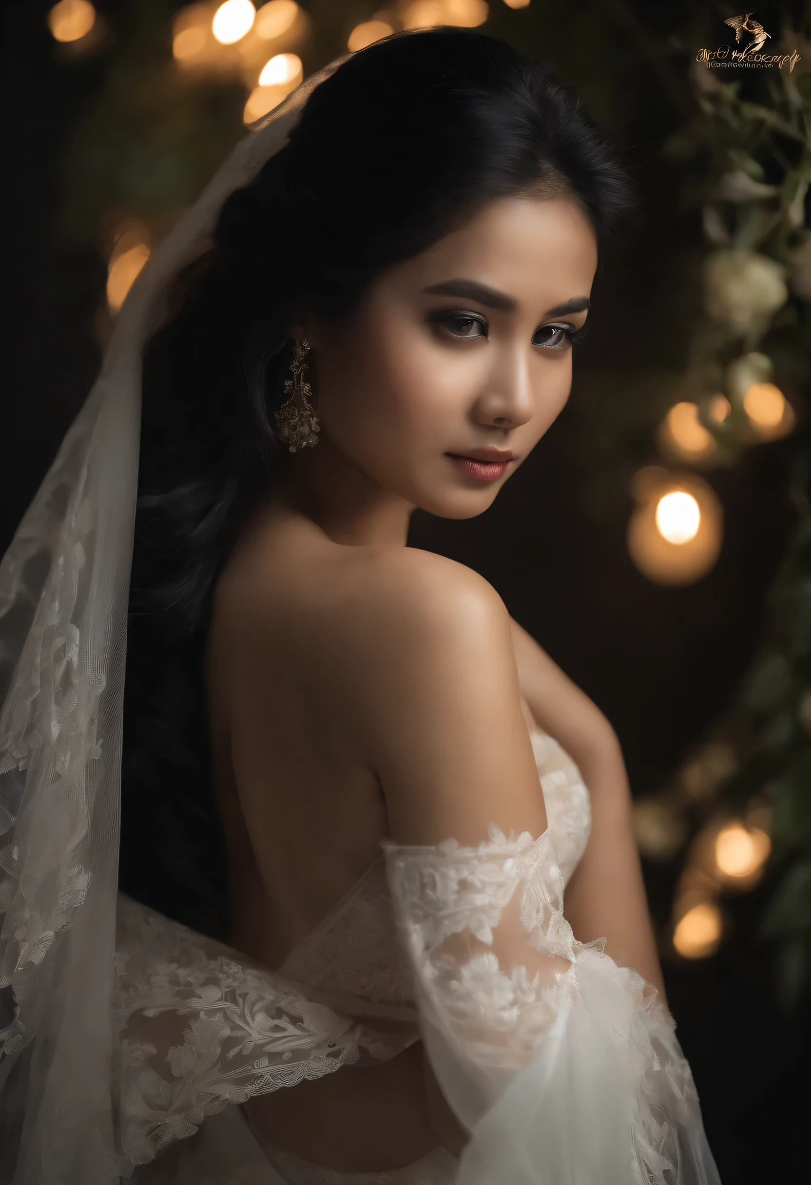 ultra realistic photo, full body, standing, of a beautiful woman from Indonesia, 20 years old, in jugle, dark background, she is just wearing a white bra and underpants, her feet and hands are wearing bridal stockings, her long black hair is blowing in the wind, her head is wearing short Wedding veil a bridal ornament, perfectly proportional body. Sad face and sharp gaze, hands holding flowers. Soft lighting, front lighting, lighting focus on models