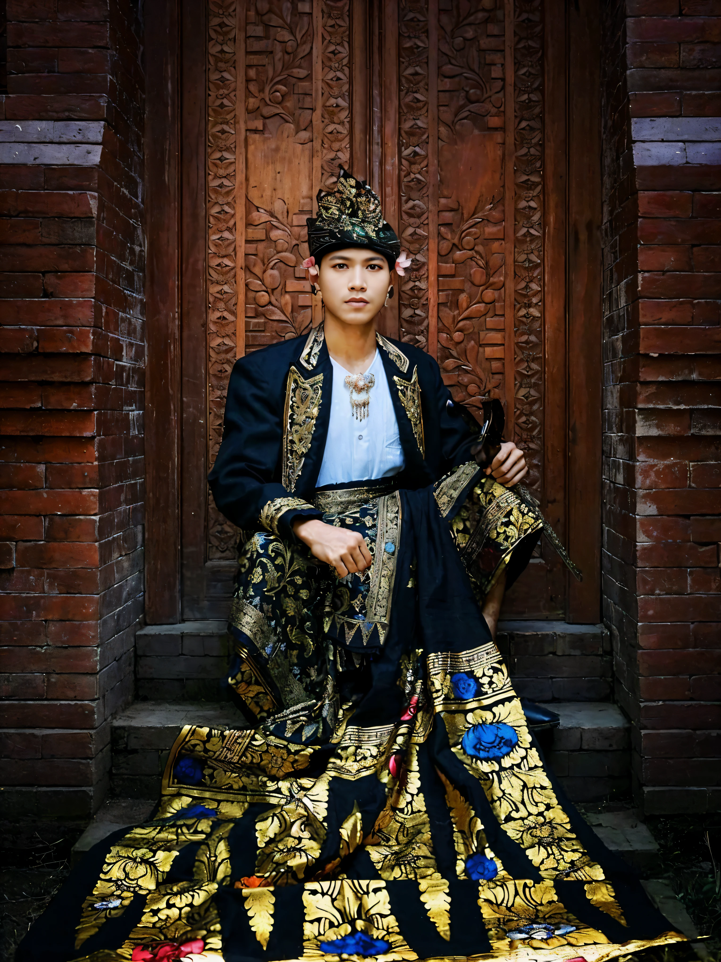 arafed man in a traditional chinese costume sitting on a rug, traditional clothes, gold brocaded dark blue clothes, traditional dress, traditional clothing, traditional tai costume, wearing ornate clothing, wearing an ornate outfit, wearing traditional garb, beautiful androgynous prince, traditional costume, ornate attire, inspired by I Ketut Soki, gujian, tai costume