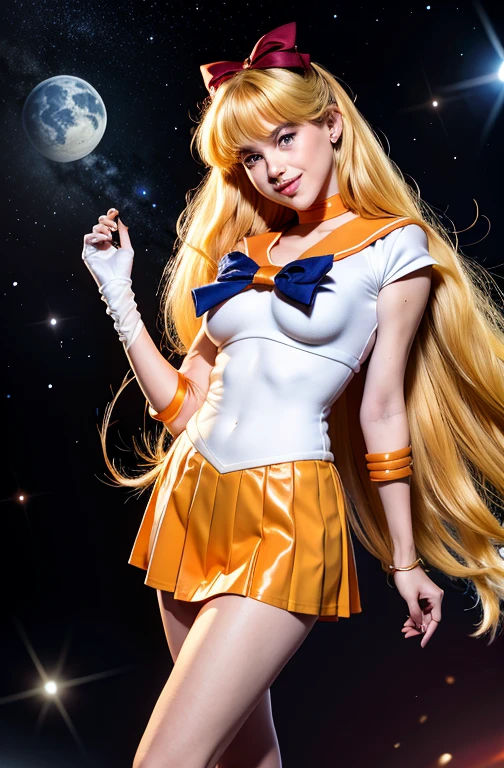 masterpiece,  beautiful super model ,perfect lighting , b1mb0, TH3P1T, (full body,wide shot),Are standing,space background, grin,  SV1, sailor warrior uniform, Orange Skirt, elbow bag, tiara, Orange sailor collar, red bow, orange choker, white gloves, jewelry,first round、slave、Tie up to the back