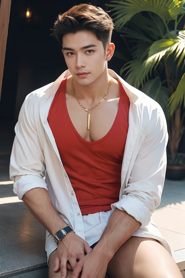 (masterpiece, best quality:1.2), 1 person, Solo attractive man with heavenly eyes, delicate brown hair, magic , Seductive look, Mysterious smile, Very beautiful face , Detailed facial images, Big breasts with long nipples , Full and swollen chest muscles,naked ,handsome man! Diamonds in the ears. gold chains around their necks,thong,Big bag highlights,Highest quality full body photos of cute boys!