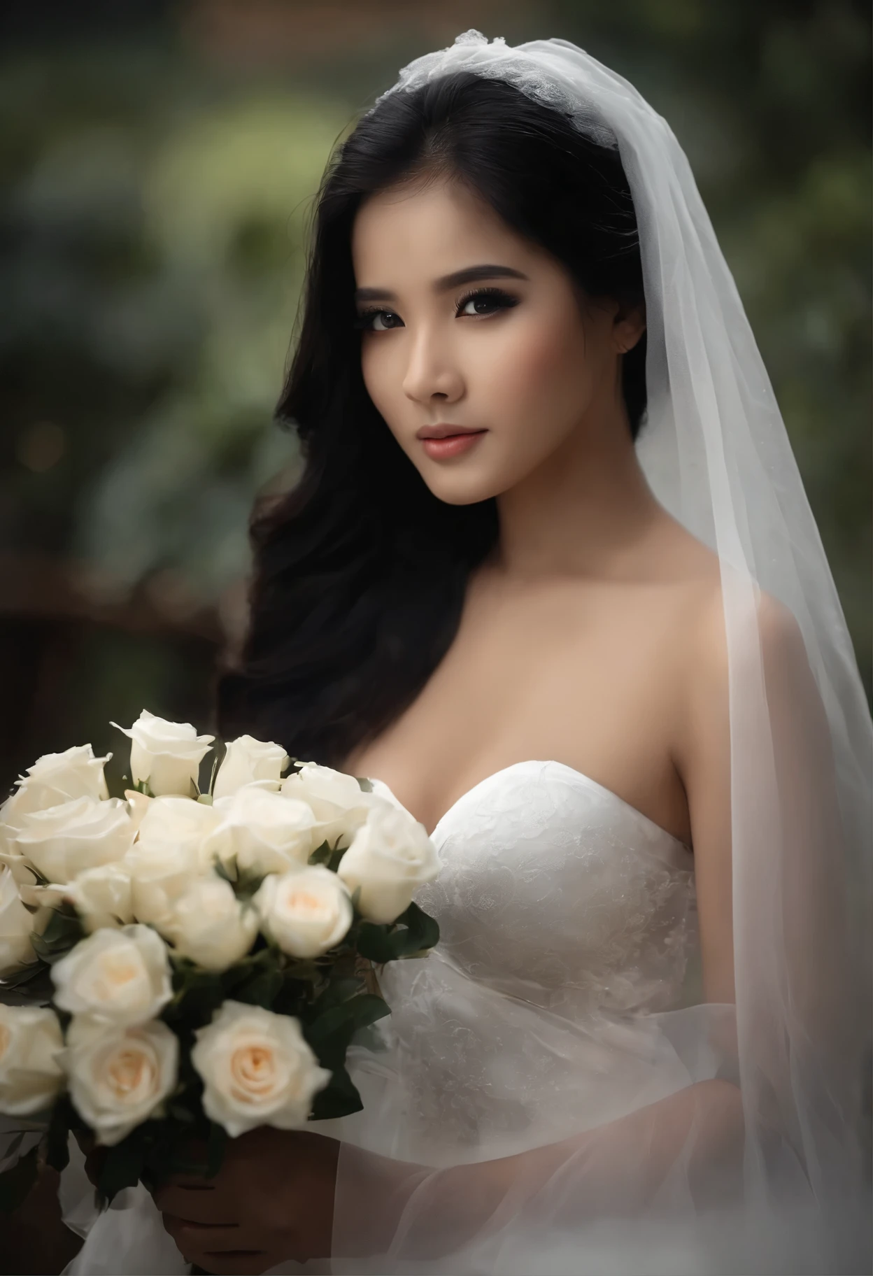ultra realistic photo, full body, standing, of a beautiful woman from Indonesia, 20 years old, in jugle, dark background, she is just wearing a white bra and underpants, her feet and hands are wearing bridal stockings, her long black hair is blowing in the wind, her head is wearing short Wedding veil a bridal ornament, perfectly proportional body. Sad face and sharp gaze, hands holding flowers. Soft lighting, front lighting, lighting focus on models