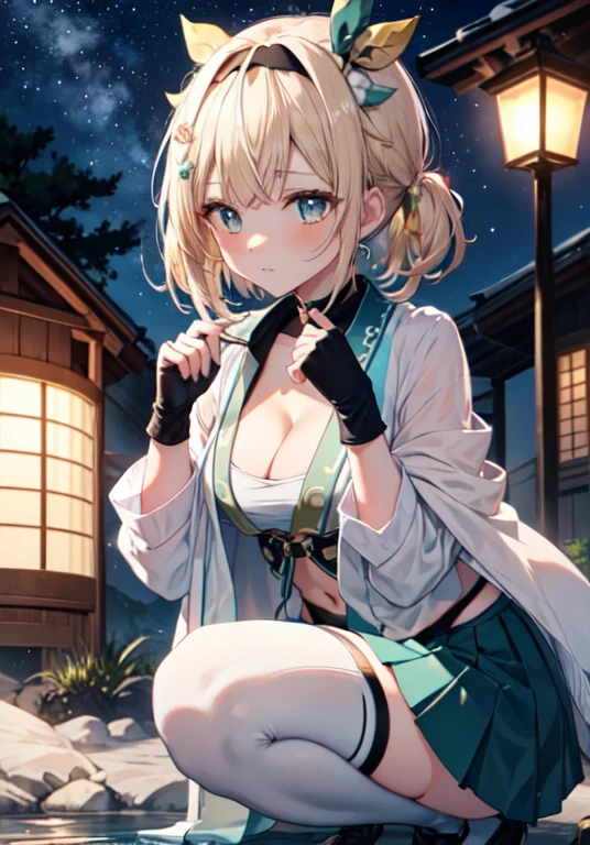 （masterpiece）、(highest quality)、((Super detailed))、(super delicate)、(IrohaBase, hair ornament, hairband, sarashi, haori, covered navel, black gloves, pleated skirt, green skirt, white thighhighs, cleavage)、Beautiful side breasts、(Raise one knee to your chest:1.3)、Clothes being removed、looking up:1.2, face close-up:1.3, upper eye, beautiful back、beautiful butt、Hot spring at night、fantastic starry sky