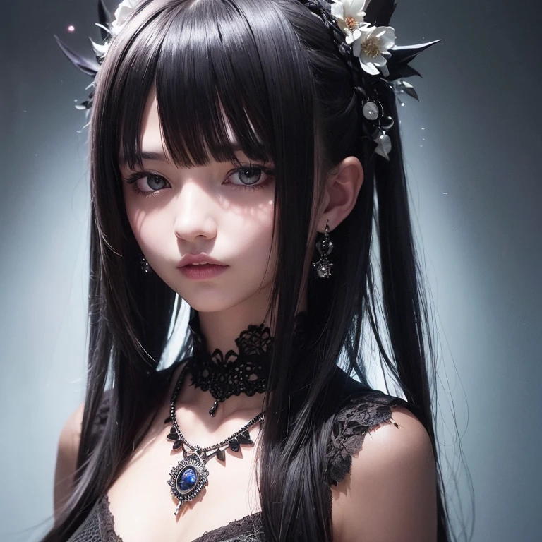 (detailed background,dark fantasy),(beautiful detailed face),high contrast,(best illumination,an extremely delicate and beautiful),((cinematic light)),colorful,hyper detail,dramatic light,intricate details,(1girl,solo,black hair,sharp face,low twintails,red eyes,hair between eyes,dynamic angle),blood splatter,swirling black light around the character,depth of field,black light particles,(broken glass),magic circle 1girl, bangs, dragon necklace, black background, black hair, watch, closed mouth, collarbone, dress, earrings, expressionless, floral print, flower, hair flower, hair decoration, tiara of blue thorns,