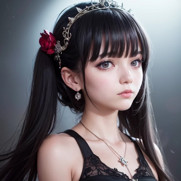 (detailed background,dark fantasy),(beautiful detailed face),high contrast,(best illumination,an extremely delicate and beautiful),((cinematic light)),colorful,hyper detail,dramatic light,intricate details,(1girl,solo,black hair,sharp face,low twintails,red eyes,hair between eyes,dynamic angle),blood splatter,swirling black light around the character,depth of field,black light particles,(broken glass),magic circle 1girl, bangs, dragon necklace, black background, black hair, watch, closed mouth, collarbone, dress, earrings, expressionless, floral print, flower, hair flower, hair decoration, tiara of blue thorns,