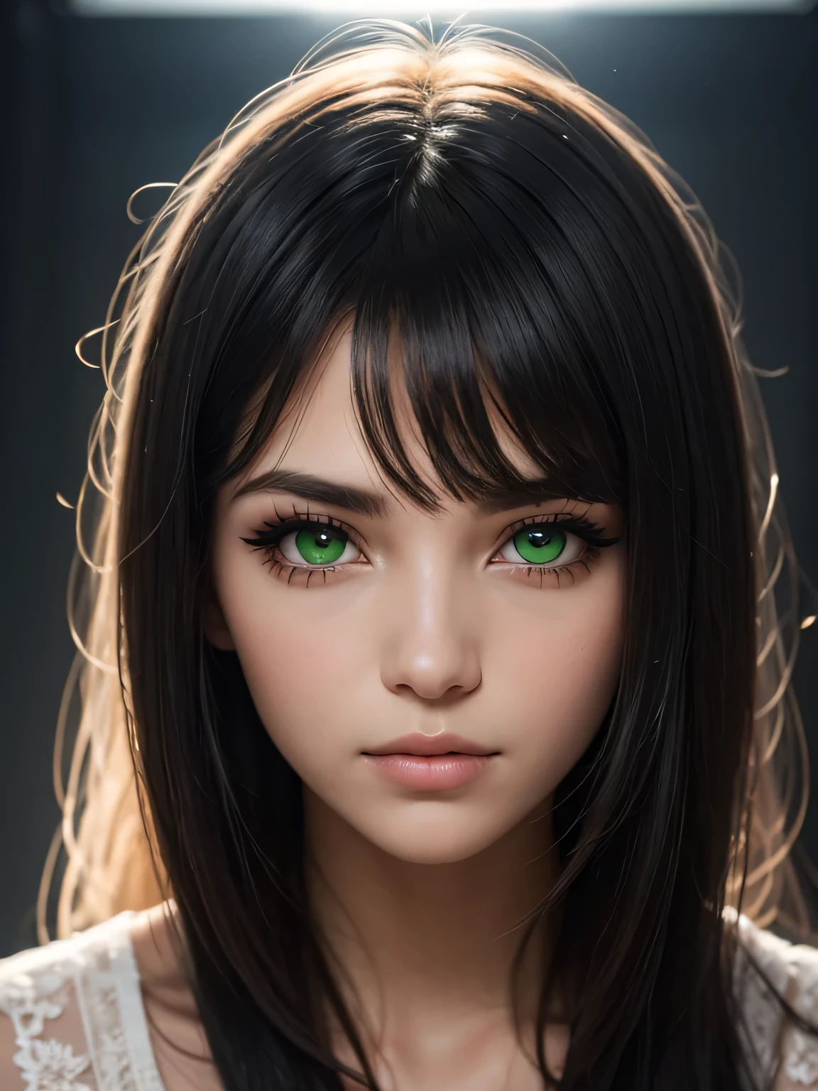 The image shows a beautiful woman with straight black hair and straight full bangs covering her entire forehead down to her eyes with a perfect face wearing eyeliner eyeliner shadow dark makeup, lindos cabelos pretos uma franja cobrindo sua testa quase chegando nos olhos, super detalhados, His eyes are bright green, His face is angelic, the light seems to come from a photo studio, reflecting the shine of your hair and the beauty of your delicate face