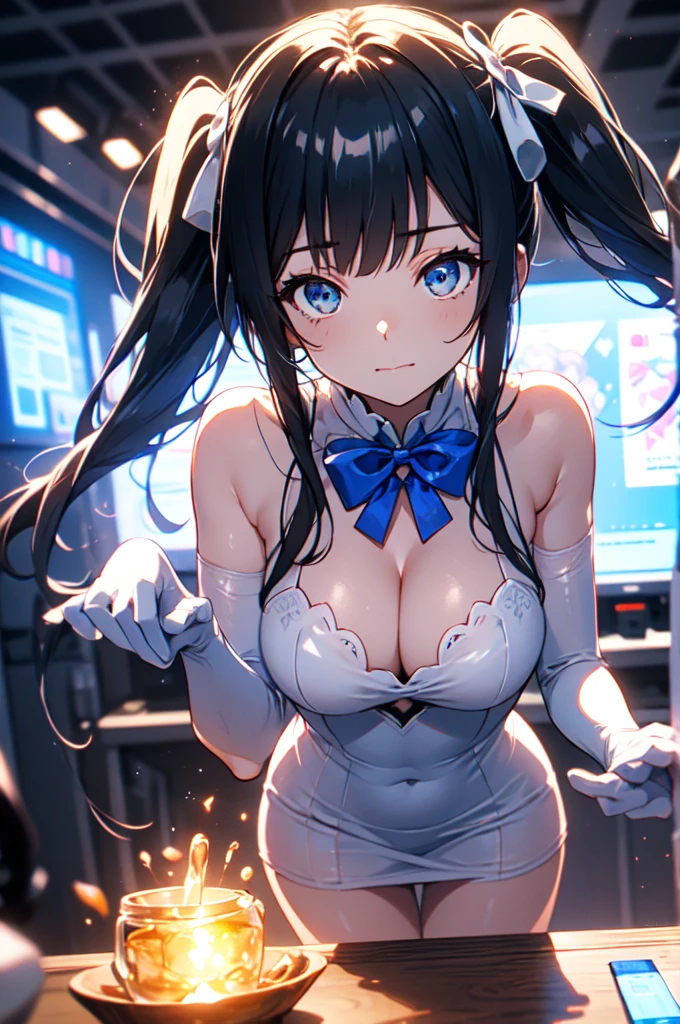 twin tails, black hair, air ornament, white dress, blue bowtie, cleavage cutout, blue ribbon, arm ribbon, short dress, white gloves, barefoot, blue bow, blue bowtie, bow, bowtie, cleavage, cleavage cutout, clothing cutout, dress, gloves, pencil dress, (rei no himo:1.5), short dress, white dress, white gloves, masterpiece:1.3), (High resolution), (8K), (very detailed), (4k), (pixiv), perfect face, beautiful eyes and face, (highest quality), (Super detailed), detailed face and eyes,((highest quality)),((table top)),((perfect face)), detailed５two-fingered hand,1 girl and city background, ((holographic)), (stripes of light), impressive visuals, Like the cover of a movie, (dynamic streak, path of light:1.2), bright colors, and face up,dynamic pose,