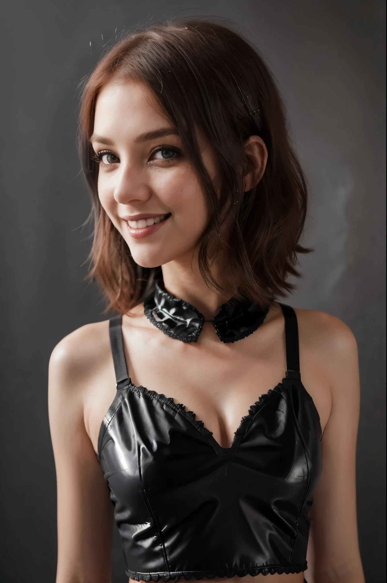 LenkaRegalova, official identification photo of a young woman in one (elegant detailed black rubber top: 1.5), (neckline: 1.5), (professional photo, studio lighting, hard light, sony a7, 50 mm, (hyperrealistic), great depth of field, red hair, black bra, pores, colors, hyperdetailed, best quality, photorealistic, 8k, high res, best quality), 1girl, (portrait), (dark gray photostudio background:  1.4) , looking at the viewer, (eye contact:1.4), penetrating eyes, happy, smile, smile, intricate, pubic hair