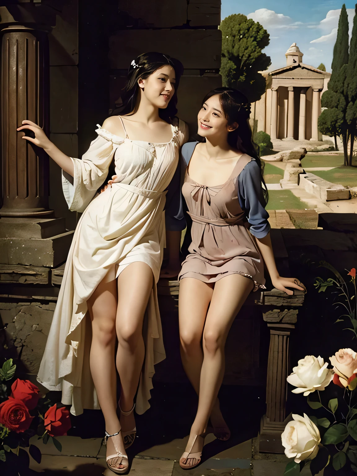 full body portrait or statue、Giorgione painting style,Arguments of two female Philosophe,math、astronomical machine、astronaut、roses in vase、fruits、Cute trinkets、smile、ancient greek costume、Ancient Roman landscape in the style of Nicolas Poussin,laughter,,Sweet and seductive appearance.、Caravaggio's paintings、Chiaroscuro of Caravaggio、hair tousled by the wind,Two women frolicking,cute smile, expression of ecstasy,Sexy,erotic