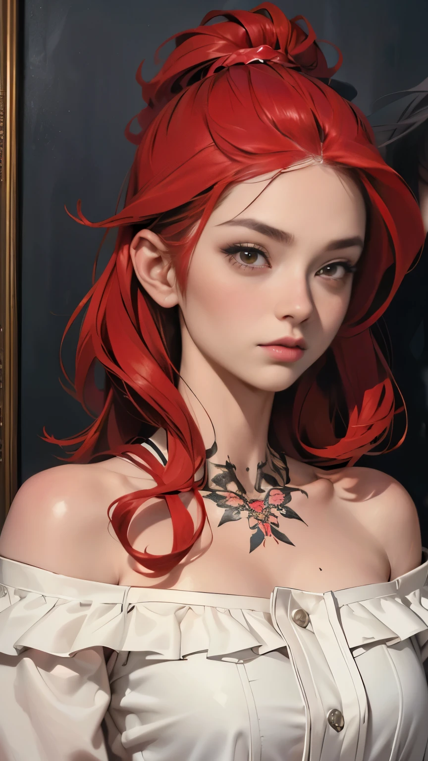 (8K, highest quality, masterpiece:1,2), (realistic, Photoreal:1.37), Super detailed, one girl,), (very detailed), (detailed and beautiful eyes), (highest qualityの), (Super detailed ), (masterpiece), (detailed face),woman((19 years old)),portrait, red毛, yellow-white eyes, 長いhair, red毛のhair ,hair((red, 彼女の前hairは下がっている,length)), ウェーブのかかったhair, 前hair, background golden hour, null, to the chest, White blouse with ruffles, race, neck tattoo, tv tattoo、off shoulder