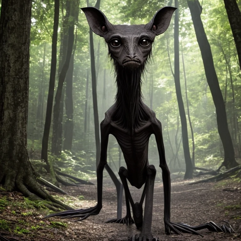 Extremely lanky, long limbs, very skinny, smooth dark brownish gray skin, potoo face, huge black eyes, pure black eyes, large hands, claws, pointed fingers, long torso, tail, monster, unusual creature, cryptid, creepy, scary, solo, quadrupedal, long neck, round head, intact body