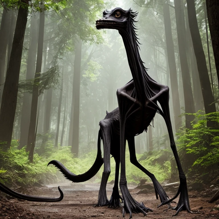 Extremely lanky, long limbs, very skinny, smooth dark brownish gray skin, potoo face, huge black eyes, pure black eyes, large hands, claws, pointed fingers, long torso, tail, monster, unusual creature, cryptid, creepy, scary, solo, quadrupedal, long neck, round head, intact body