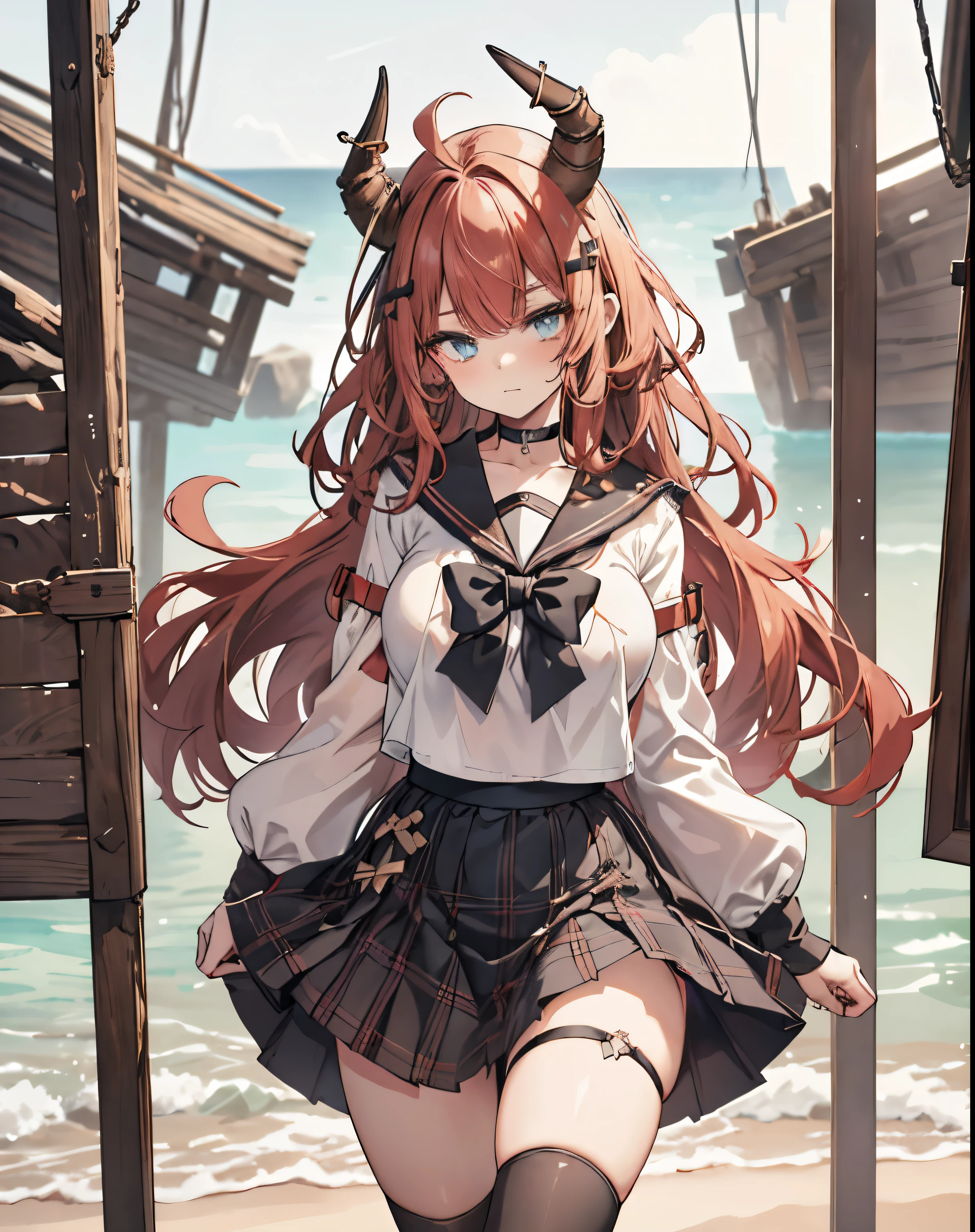 masterpiece, 1girl, sparrow, a red haired girl, wearing a black sailor clothes, curly long hair, messy hair, slim body, he close her left eye, shirt ornament, aqua eyes, ahoge, baby face, huge breast, beautiful breasts, rounded breasts, long sleeves, beautiful eyes, white stocking, droopy eyes, skirt, black skirt, plaid skirt, her age is 19 years old, beach, bowtie, sailor collar, flared skirt, tight shirt, skirt, s0fth0rns, two horns