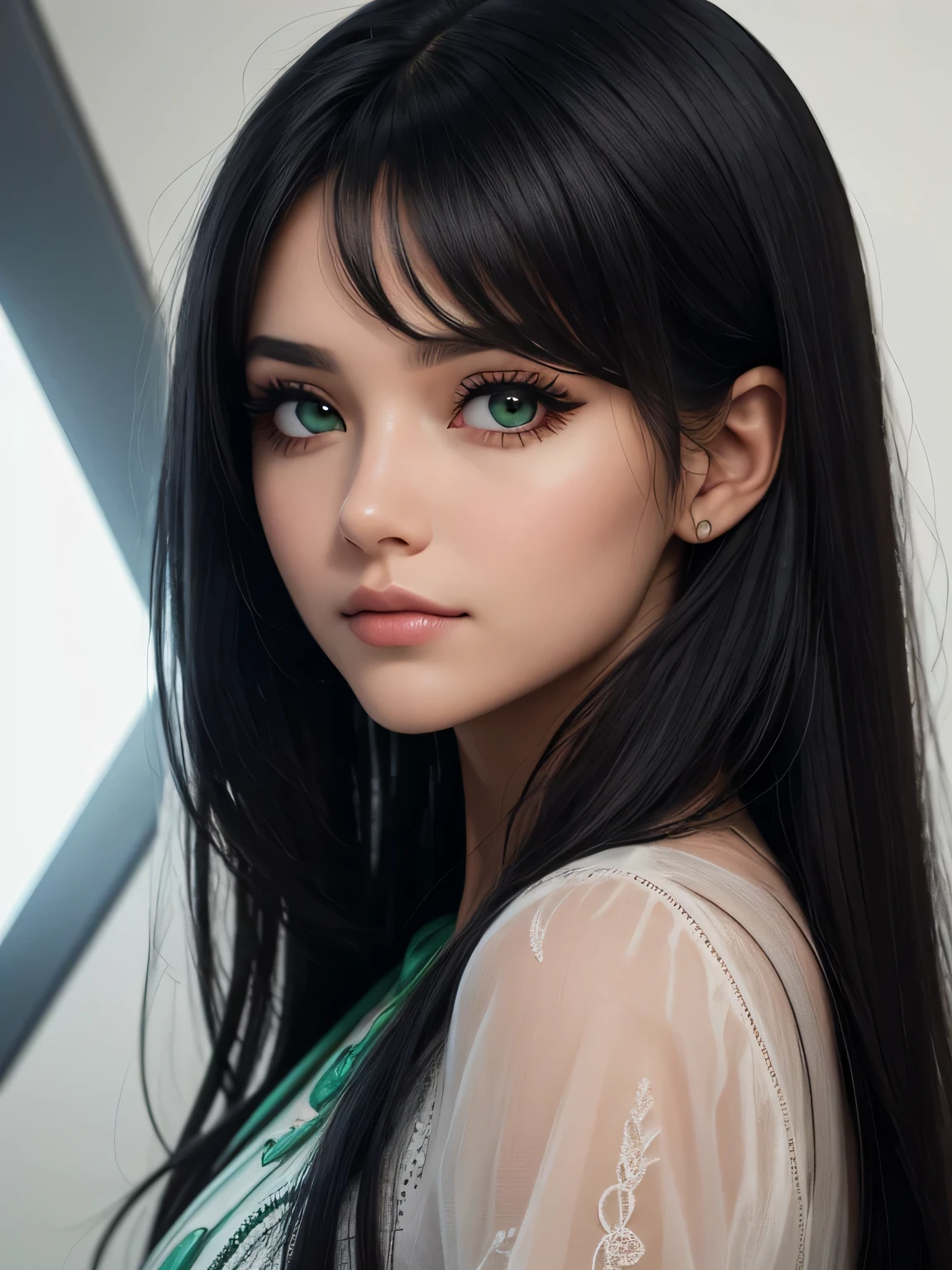 The image shows a beautiful woman with straight black hair and straight full bangs covering her entire forehead down to her eyes with a perfect face wearing eyeliner eyeliner shadow dark makeup, lindos cabelos pretos uma franja cobrindo sua testa quase chegando nos olhos, super detalhados, His eyes are bright green, His face is angelic, the light seems to come from a photo studio, reflecting the shine of your hair and the beauty of your delicate face