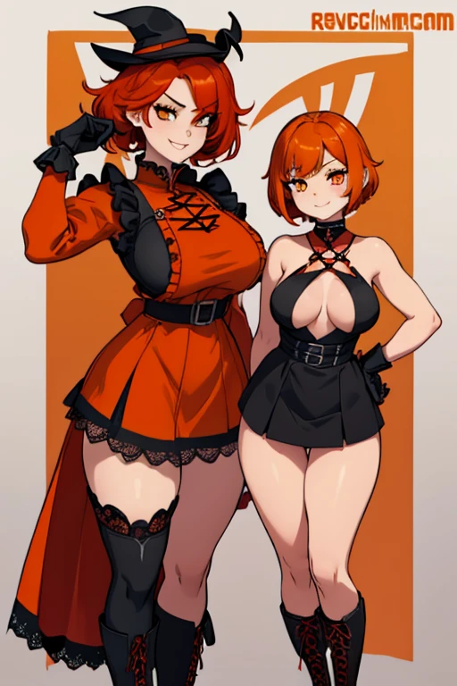 female, red short hair with yellow highlights, orange eyes, (((1girl))), (((orange gothic dress with red trim))), (black gloves), (black lace up boots), (black belt), (white stockings), (black skirt), cute and sexy, large breasts, large butt, full body, long legs, smiling