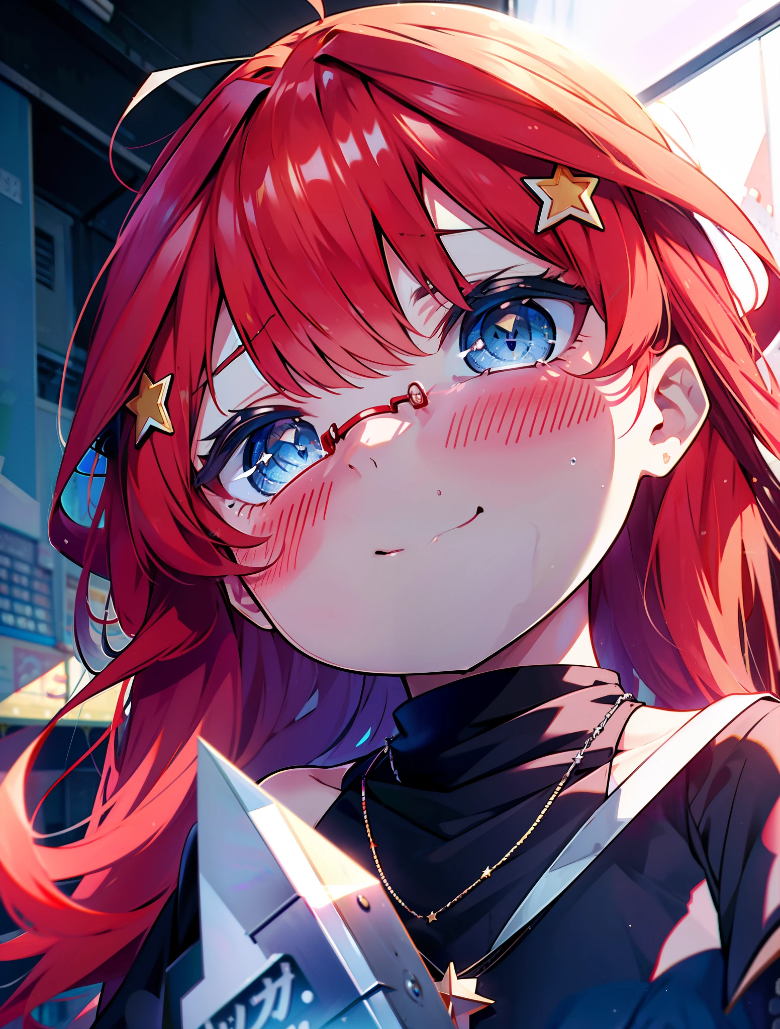 itsukinakano, itsuki nakano, bangs, blue eyes, hair between eyes, Ahoge, redhead, star \(symbol\happy smile, smile, Mouth wide open,embarrassing,blush, hair ornaments, star hair ornaments,Akagi glasses,red off shoulder sweater,bare shoulders,bare clavicle,naked neck,Heart Pendant Necklace,Black long skirt,Mini Boots,put your left hand on your waist,slouch,whole bodyがイラストに入るように,There are many shops,noon,Light of the sun,clear,Looking up from below,
break outdoors, station,square,
break looking at viewer,whole body (cowboy shot:1.5),
break (masterpiece:1.2), highest quality, High resolution, unity 8k wallpaper, (shape:0.8), (fine and beautiful eyes:1.6), highly detailed face, perfect lighting, Very detailed CG, (perfect hands, perfect anatomy),