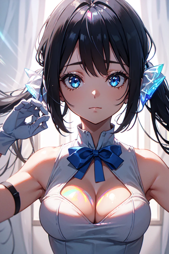 twin tails, black hair, air ornament, white dress, blue bowtie, cleavage cutout, blue ribbon, arm ribbon, short dress, white gloves, barefoot, blue bow, blue bowtie, bow, bowtie, cleavage, cleavage cutout, clothing cutout, dress, gloves, pencil dress, (rei no himo:1.5), short dress, white dress, white gloves, masterpiece:1.3), (High resolution), (8K), (very detailed), (4k), (pixiv), perfect face, beautiful eyes and face, (highest quality), (Super detailed), detailed face and eyes,((highest quality)),((table top)),((perfect face)), detailed5two-fingered hand,1 girl and city background, ((holographic)), (stripes of light), impressive visuals, Like the cover of a movie, (dynamic streak, path of light:1.2), bright colors, and face up,dynamic pose