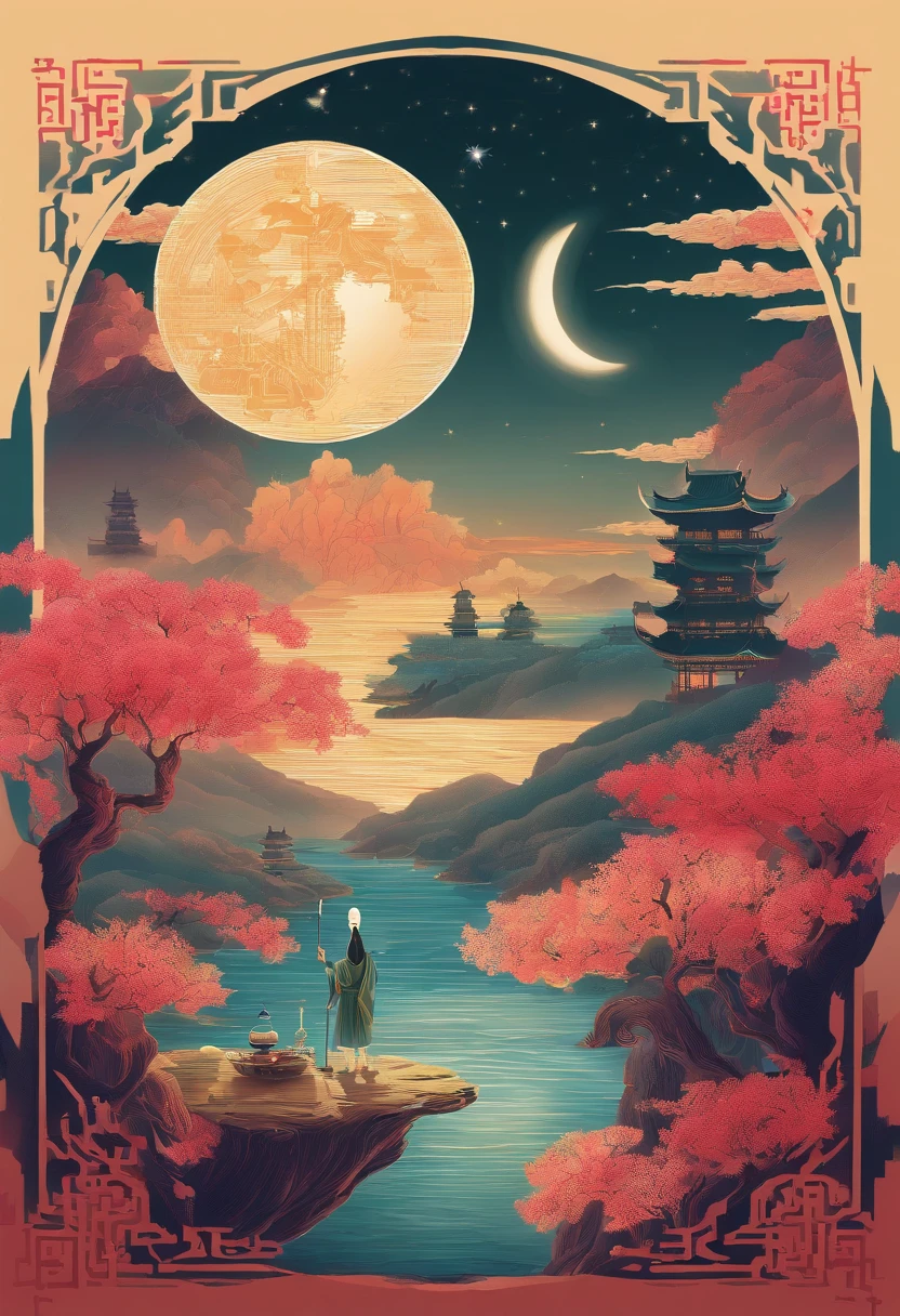 A poet who drinks to the month,Tang dynasty style,Ultra-long-distance viewing angle,The moon is shining,Poet on the cliff,Holding a wine glass,Ultra-long-distance viewing angle