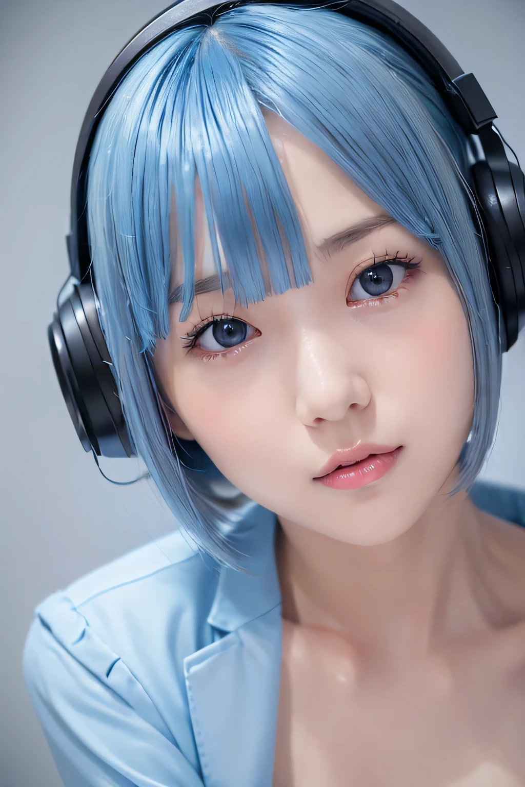 ８ｋ、(highest quality:1.4)　、masterpiece、 1 girl、cinematic lighting、Lanky Body、slim、flat body、Lonely face、cute、inverted triangle face、 (close up headshot:1.3) 、 bob cut、plug suit、interface headset、simple background、light blue hair color、、blush all over the face、embarrassing、looking at the viewer