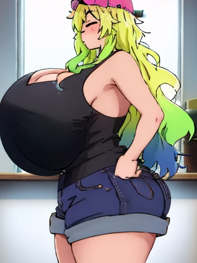 Lucoa, 1girl, solo, closes eyes, demon horns, (gigantic breasts:1.10), pink headwear, black tank top, denim shorts, black thighhighasterpiece:1.2, best quality:1.2, beautiful, high quality, highres:1.1, aesthetic), detailed, extremely detailed, ambient soft lighting, 4K, perfect lighting, nice hands, perfect hands, Big hips, front view