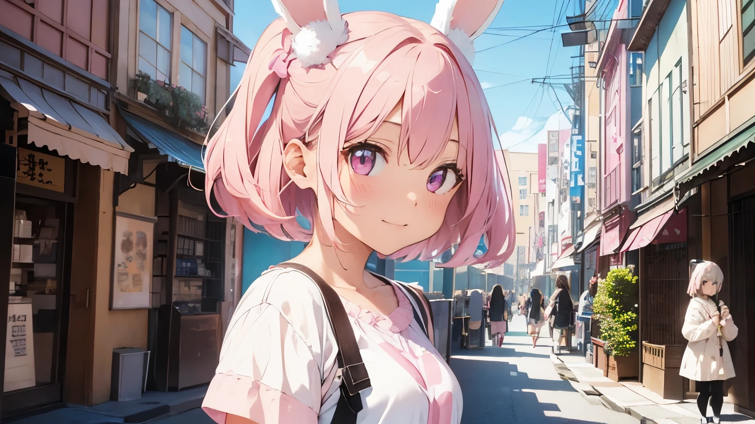 highest quality, pretty girl, pastel colour, fluffy rabbit ears, pink short bob,light pink eyes,Universal Studios Japan