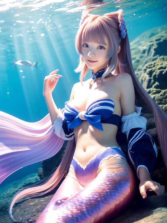 ultra high res, (photorealistic:1.4), raw photo,16K,
(solo,1girl,:1.2),
kokomidef, kokomirnd, long mermaid tail below waistline, mermaid, underwater, sea, happy,