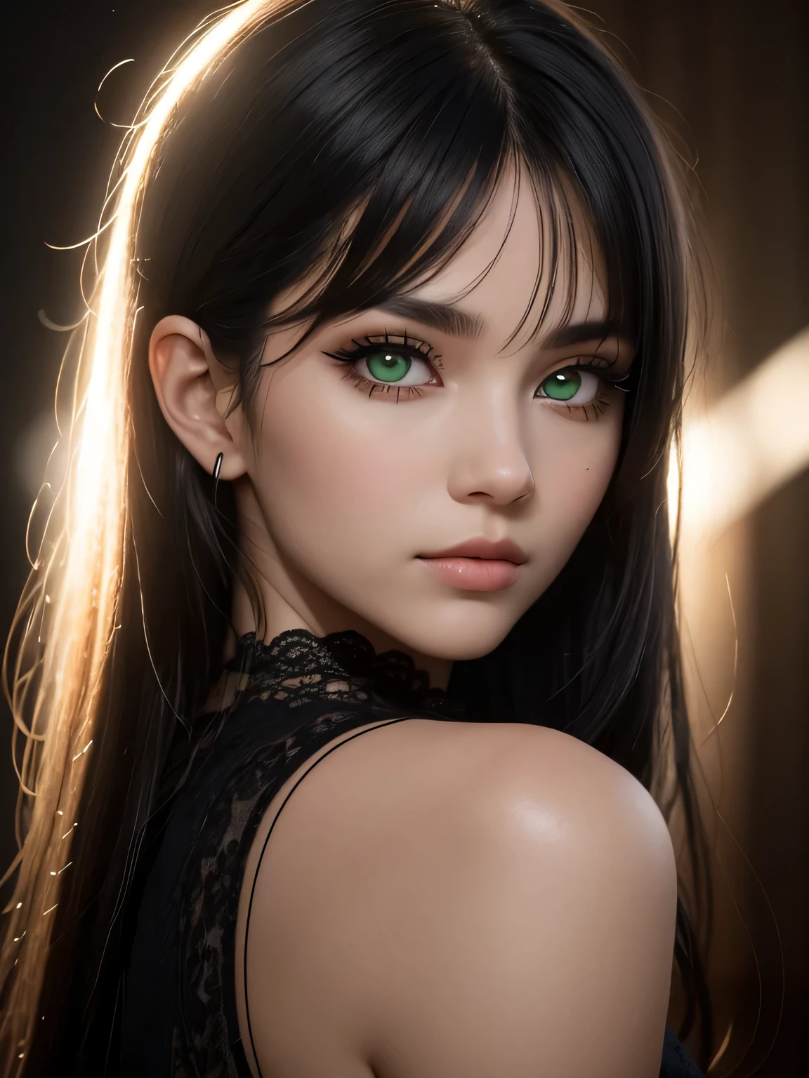 The image shows a beautiful woman with straight black hair and straight full bangs covering her entire forehead down to her eyes with a perfect face wearing eyeliner eyeliner shadow dark makeup, lindos cabelos pretos uma franja cobrindo sua testa quase chegando nos olhos, super detalhados, His eyes are bright green, His face is angelic, the light seems to come from a photo studio, reflecting the shine of your hair and the beauty of your delicate face