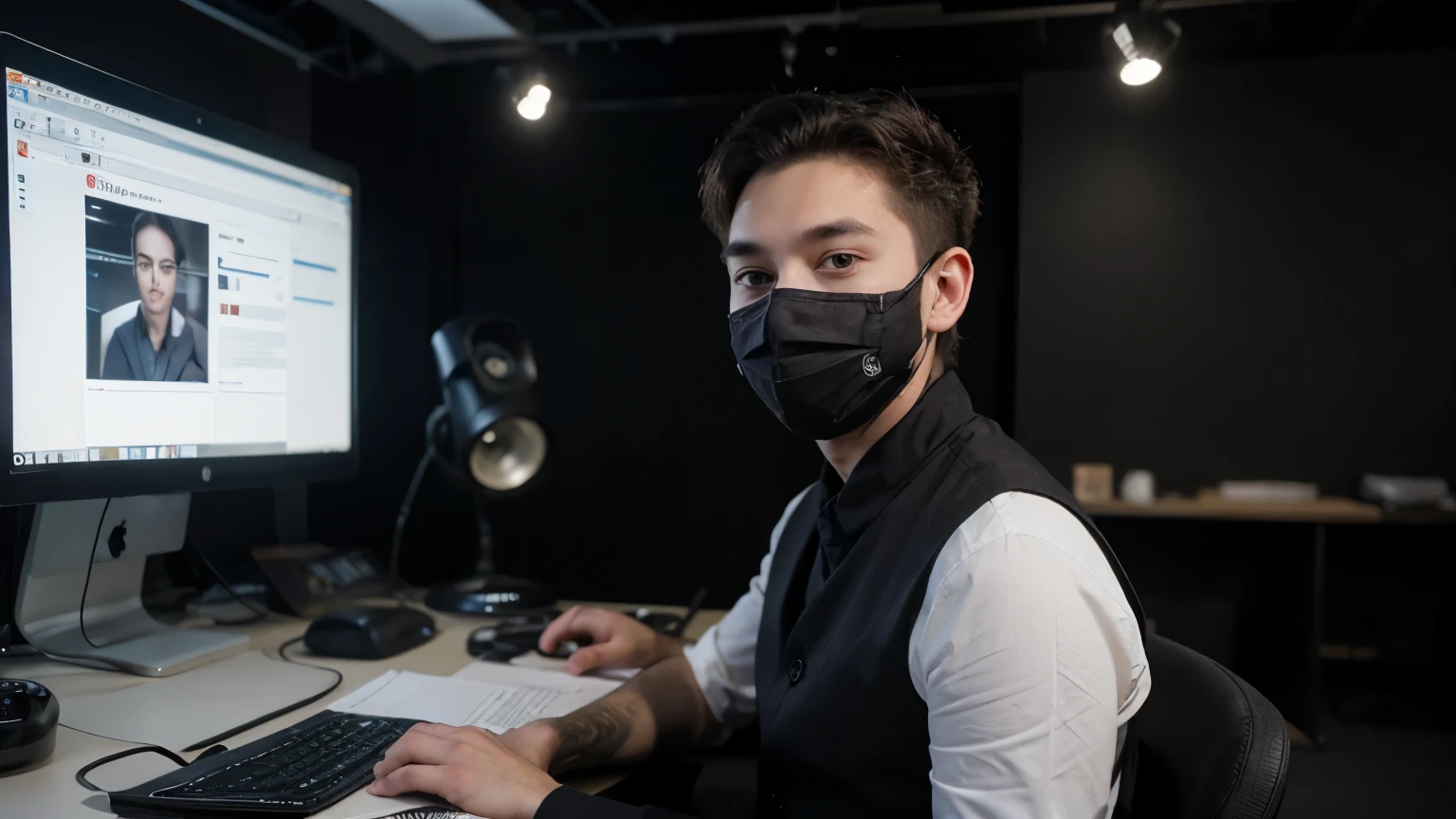 handsome young boy face Mask COVID 19 HOST SAT BEHIND DESK, symmetrical, front facing, black background with black, in youtube studio
