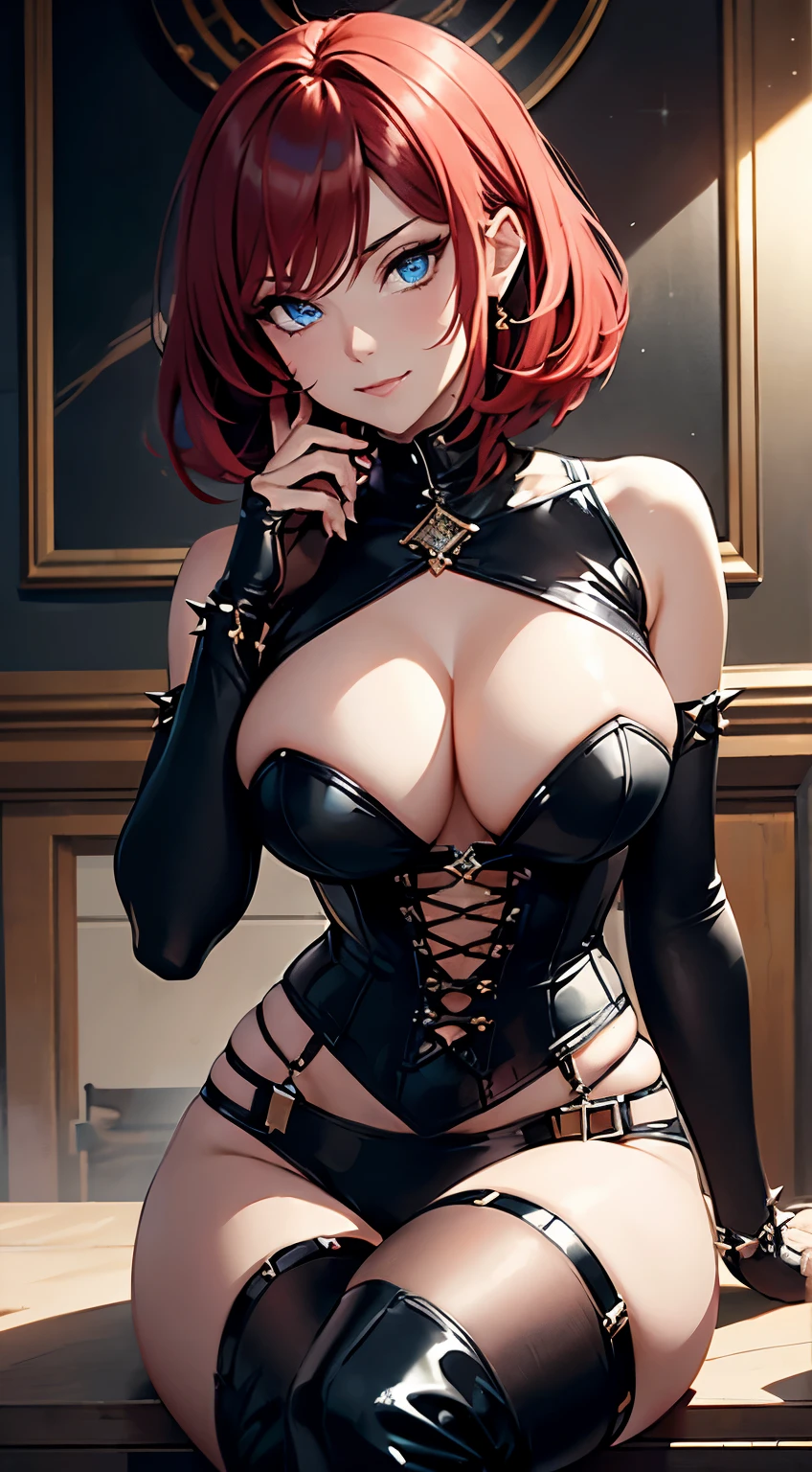 In the dimly lit room, a woman with an alluring aura captivates with her presence. Her striking blue eyes shimmer like sapphire gems, radiant and piercing. Adorned with short spiky red hair, it frames her face rebelliously, showcasing her fierce spirit. Every strand seems to defy gravity, adding to her intriguing persona.
Dressed in a leather corset, the woman exudes a magnetic confidence both provocatively and artistically. The corset, laced tightly at the front, highlights her sensuous figure, accentuating curves that hint at both strength and allure. High-heeled boots, crafted from supple leather, embrace her feet, their glossy finish mirroring her enigmatic charm.
With a gleaming cattle crop held firmly in her hand, she wields it with a tantalizing mix of power and dominance. Her smile is not one borne of innocence, but rather of cunning and mischievous intent. It radiates a sense of duality, drawing you in with its mysterious allure while warning of the depths of her wickedness.
The woman crosses her legs in a seductive manner, languidly toying with your attention. The provocative gesture adds a touch of playful tease to her alluring persona, while her captivating presence commands your gaze. There is an undeniable confidence in her pose, a demonstration of control that amplifies the allure, leaving you both captivated and unnerved.
As you find yourself drawn to her presence, the room seems to grow warmer, yet also filled with the intoxicating thrill of the unknown. It becomes impossible to resist the magnetic pull she effortlessly exerts. Like an enigmatic puzzle, this woman with her bright blue eyes, short spiky red hair, leather corset, high heel boots, and malicious smile captivates all wh