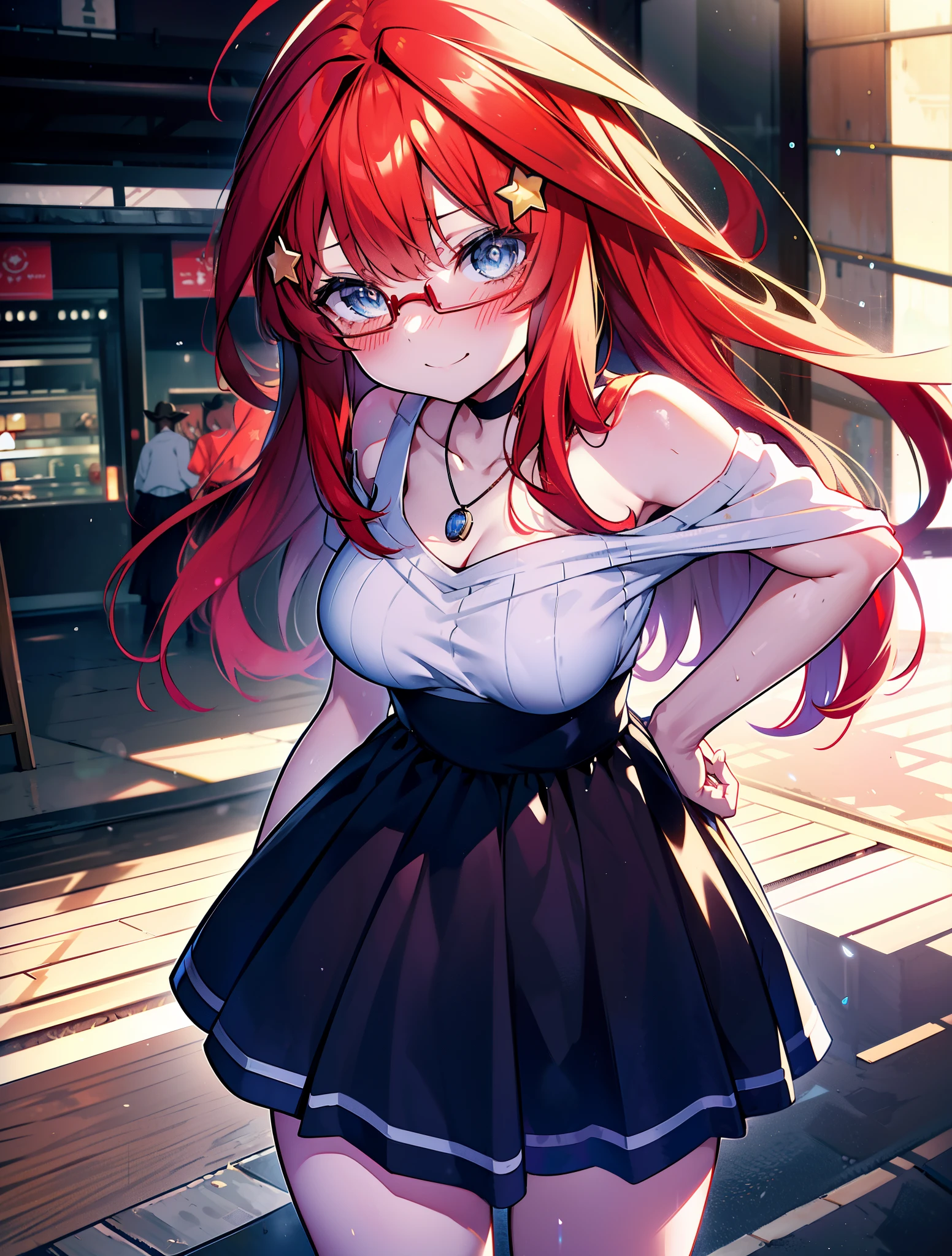 itsukinakano, itsuki nakano, bangs, blue eyes, hair between eyes, Ahoge, redhead, star \(symbol\happy smile, smile, Mouth wide open,embarrassing,blush, hair ornaments, star hair ornaments,Akagi glasses,red off shoulder sweater,bare shoulders,bare clavicle,naked neck,Heart Pendant Necklace,Black long skirt,Mini Boots,put your left hand on your waist,slouch,whole bodyがイラストに入るように,There are many shops,noon,Light of the sun,clear,Looking down from top to bottom,
break outdoors, station,square,
break looking at viewer,whole body (cowboy shot:1.5),
break (masterpiece:1.2), highest quality, High resolution, unity 8k wallpaper, (shape:0.8), (fine and beautiful eyes:1.6), highly detailed face, perfect lighting, Very detailed CG, (perfect hands, perfect ???????),
