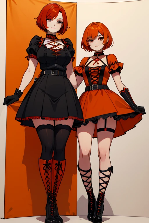 female, red short hair with yellow highlights, orange eyes, (((1girl))), (((orange gothic dress with red trim))), (black gloves), (black lace up boots), (black belt), (white stockings), (black skirt), cute and sexy, large breasts, large butt, full body, long legs, smiling