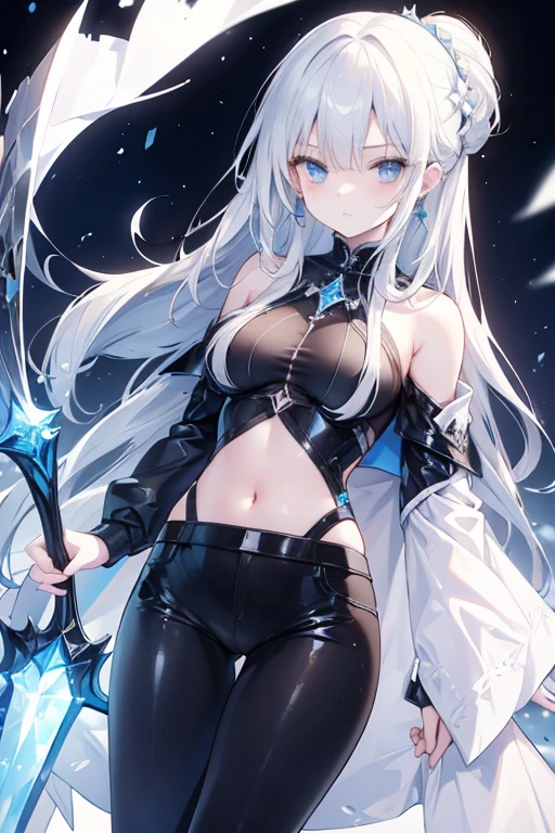 a woman, young, 19 years old, swordsman, long white hair, skin as white as snow, cold gaze, blue eyes like crystal, black sweater, black pants, cape, a crystal sword, earring in her ear, background with blue lights.