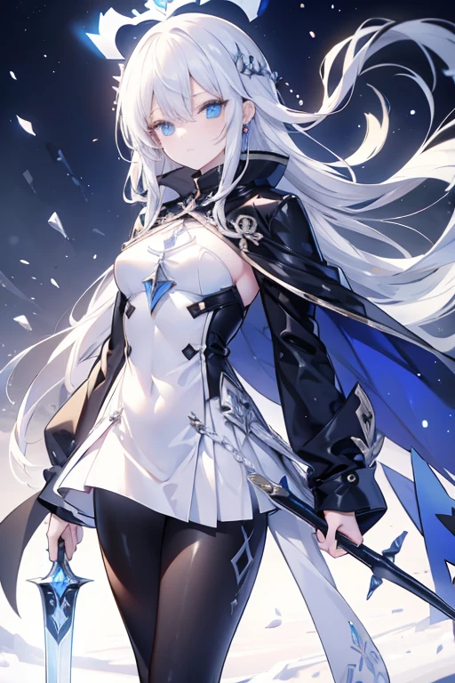 a woman, young, 19 years old, swordsman, long white hair, skin as white as snow, cold gaze, blue eyes like crystal, black sweater, black pants, cape, a crystal sword, earring in her ear, background with blue lights.