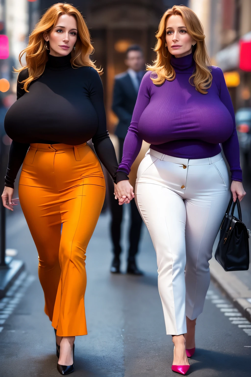 A 35 years old woman, walking in the city, ((holding hand with a handsome business man)), the woman has a face like Julia Roberts, wearing a bright colored knitted turtleneck top, business trousers, high heels, ((huge saggy breast)), (very slim waist), wide hips, (full person view, from head to toe)