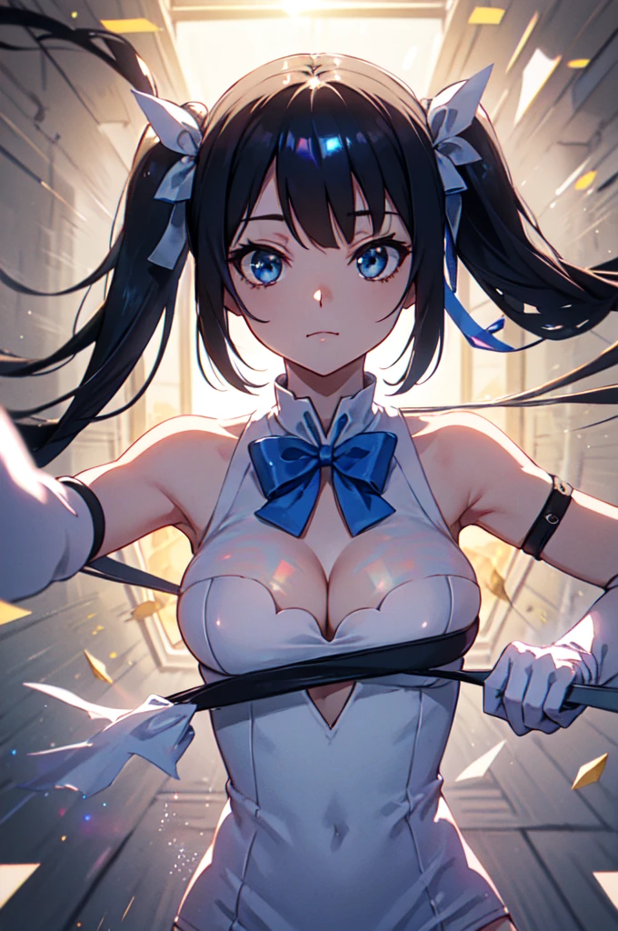 full body, twin tails, black hair, air ornament, white dress, blue bowtie, cleavage cutout, blue ribbon, arm ribbon, short dress, white gloves, barefoot, blue bow, blue bowtie, bow, bowtie, cleavage, cleavage cutout, clothing cutout, dress, gloves, pencil dress, (rei no himo:1.5), short dress, white dress, white gloves, masterpiece:1.3), (High resolution), (8K), (very detailed), (4k), (pixiv), perfect face, beautiful eyes and face, (highest quality), (Super detailed), detailed face and eyes,((highest quality)),((table top)),((perfect face)), detailed5two-fingered hand,1 girl and city background, ((holographic)), (stripes of light), impressive visuals, Like the cover of a movie, (dynamic streak, path of light:1.2), bright colors, and face up,dynamic pose